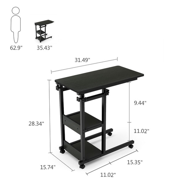 Brown/ Black Wood C-Shaped OverBed SideTable with Wheels， Industrial mobile Bed End Tables for Bedroom