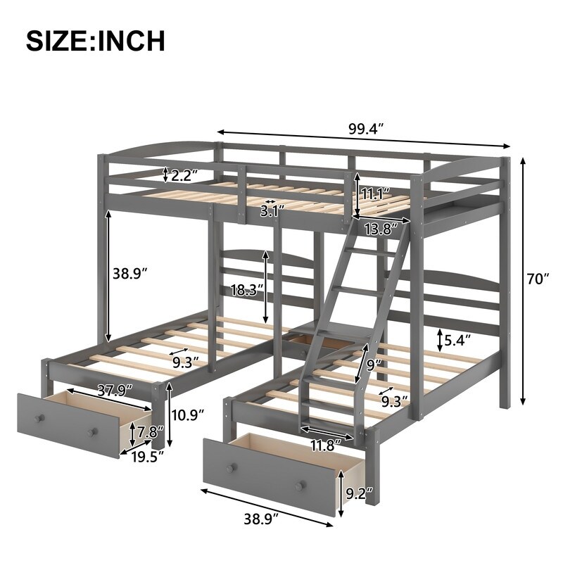 Gray Full over Twin   Twin Bunk Bed Triple Bunk Bed with Drawers