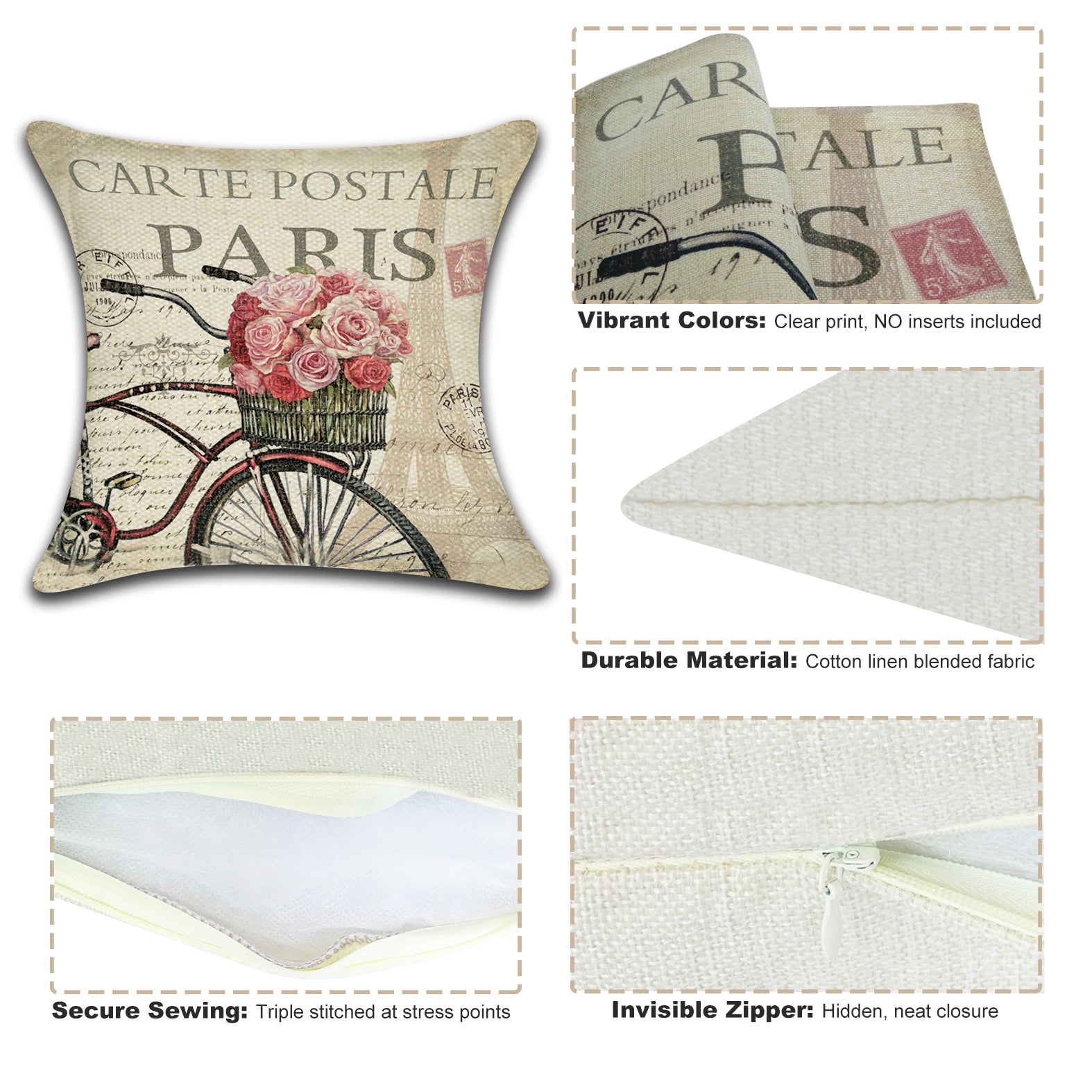 L1 Country Series Floral Flowers Bike Throw Pillow Covers 18x18 Inches, Pack of 4, Farmhouse New York, Rome, Paris, London Pillow Cases, Indoor Outdoor Decor for Patio,Couch,Bed