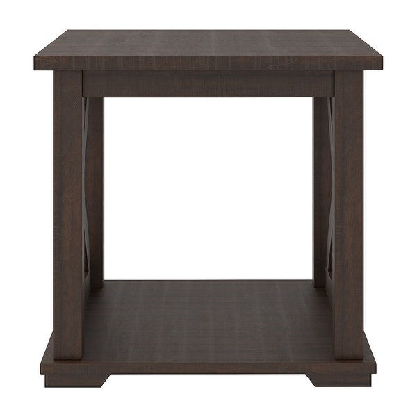 22 Inches Rough Hewn Saw Wooden End Table with X Side Panels， Brown