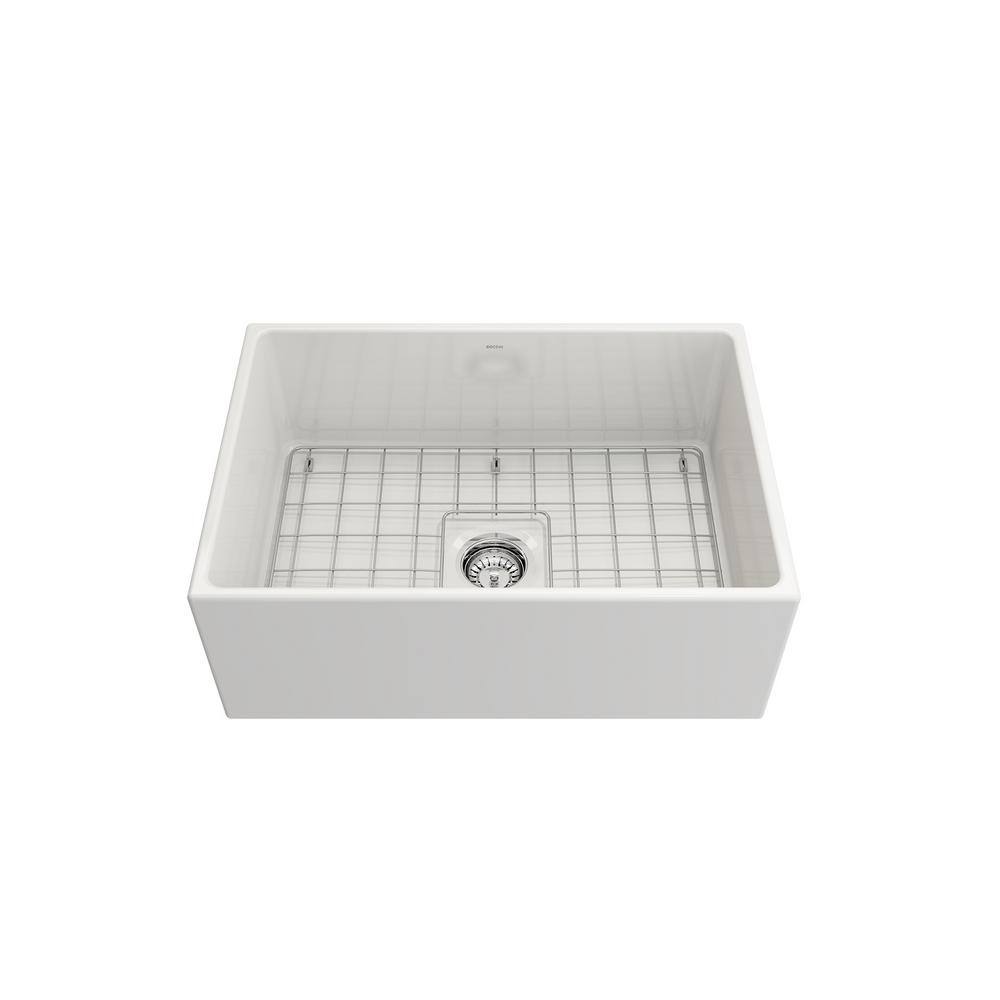 BOCCHI Contempo White Fireclay 27 in. Single Bowl Farmhouse Apron Front Kitchen Sink withFaucet 1356-001-2020SS