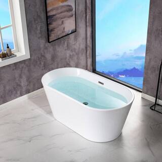 WOODBRIDGE Newark 59 in. Acrylic FlatBottom Double Ended Bathtub with Brushed Nickel Overflow and Drain Included in White HBT5774