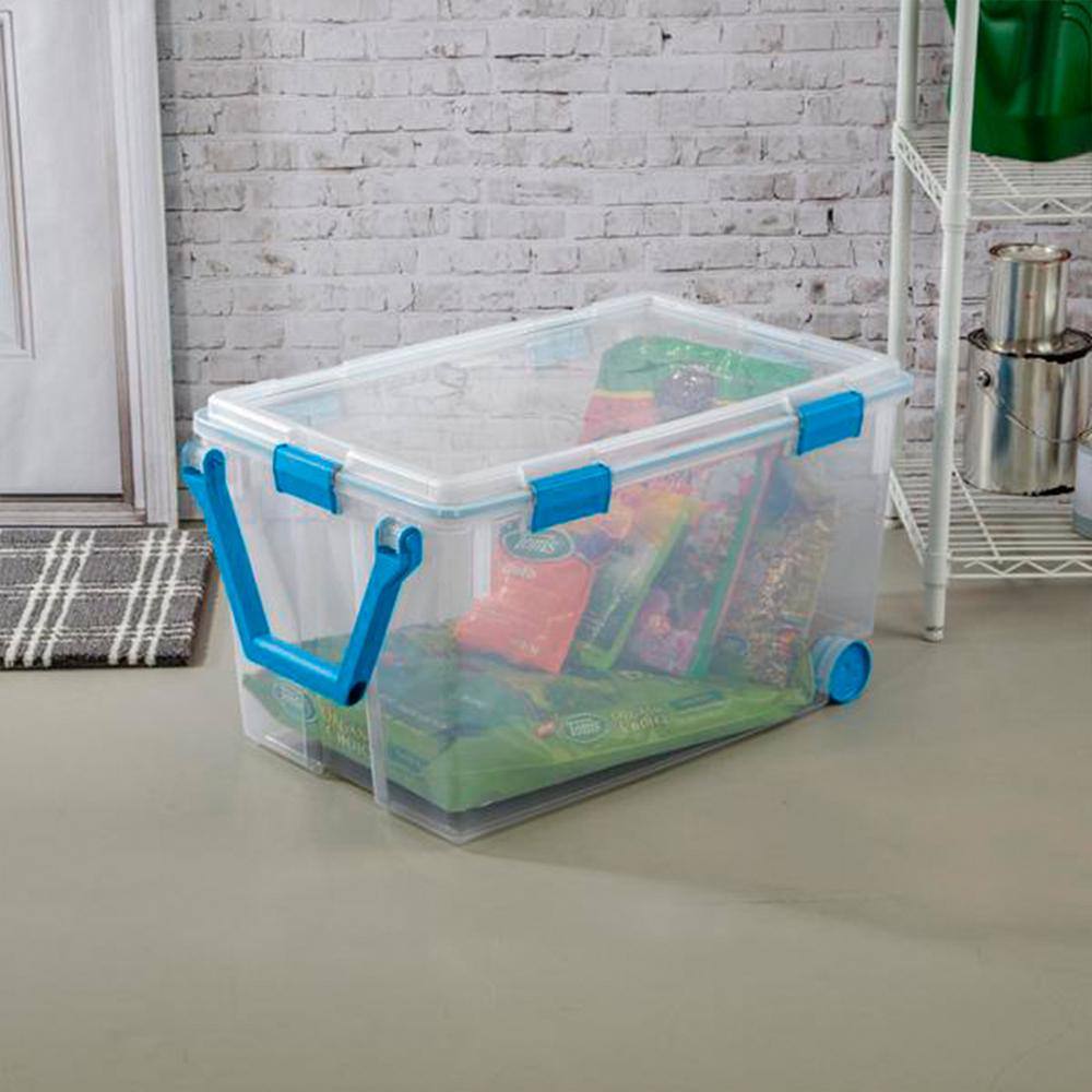 Sterilite 120 Qt. Plastic Storage Tote with Blue Aquarium Gasket Latch Lid in Clear (3-Pack) 3 x 19434303