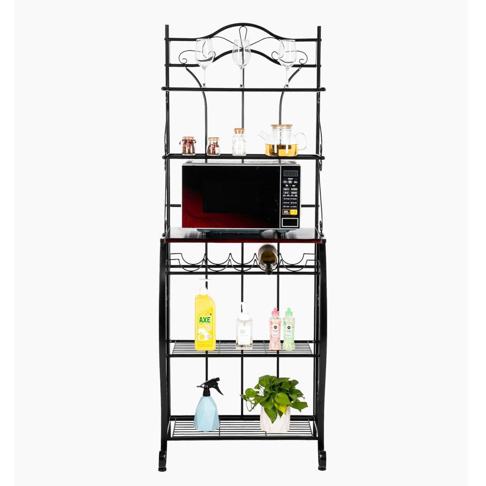 Ktaxon 6-Tier Metal Baker's Rack Kitchen Island with 5-Bottle Wine Rack Holder Storage Shelf Organizer， Freestanding Microwave Oven Stand Coffee Bar Table， Black