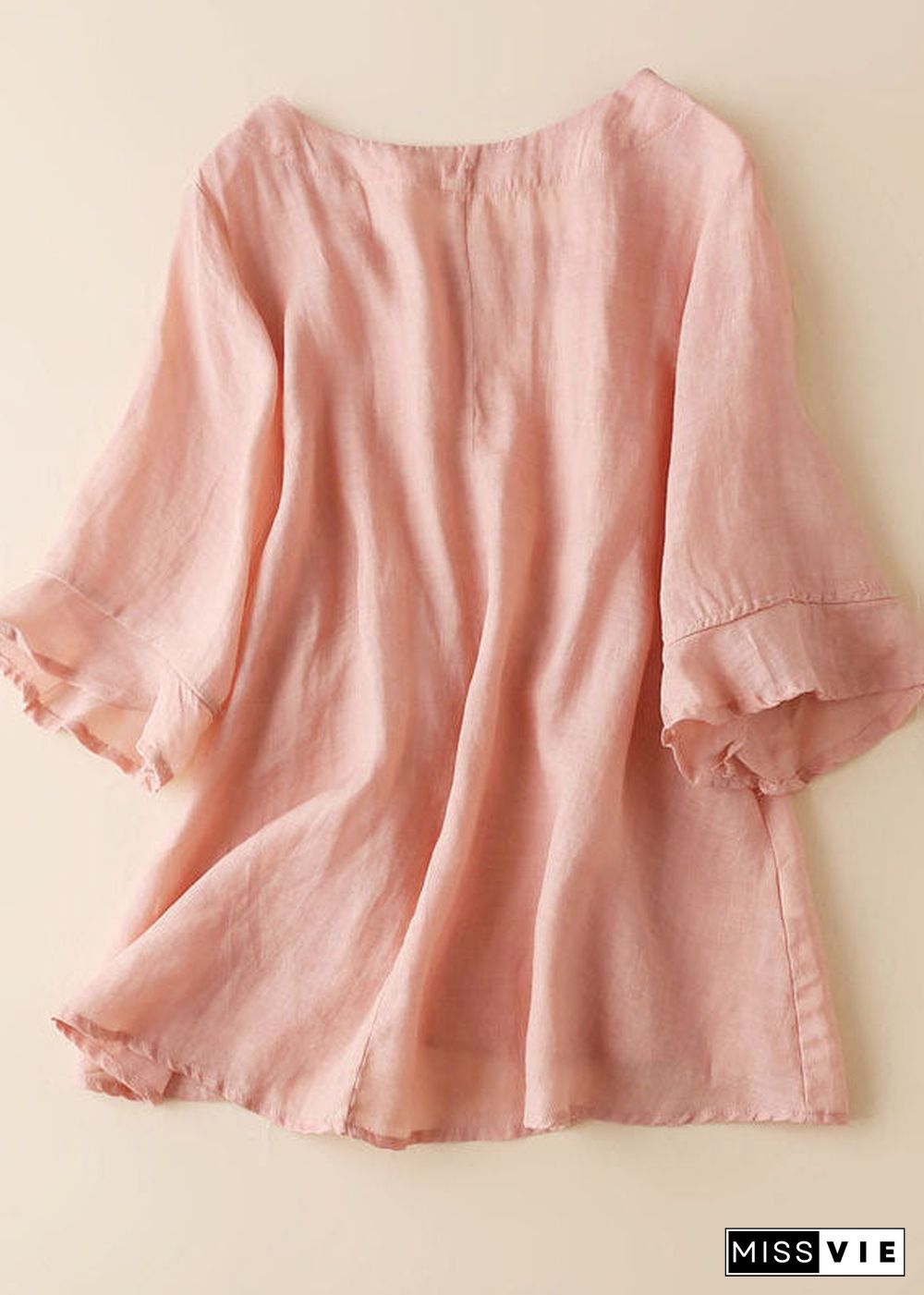 Boho Pink Cinched Patchwork Linen Blouse Tops Half Sleeve