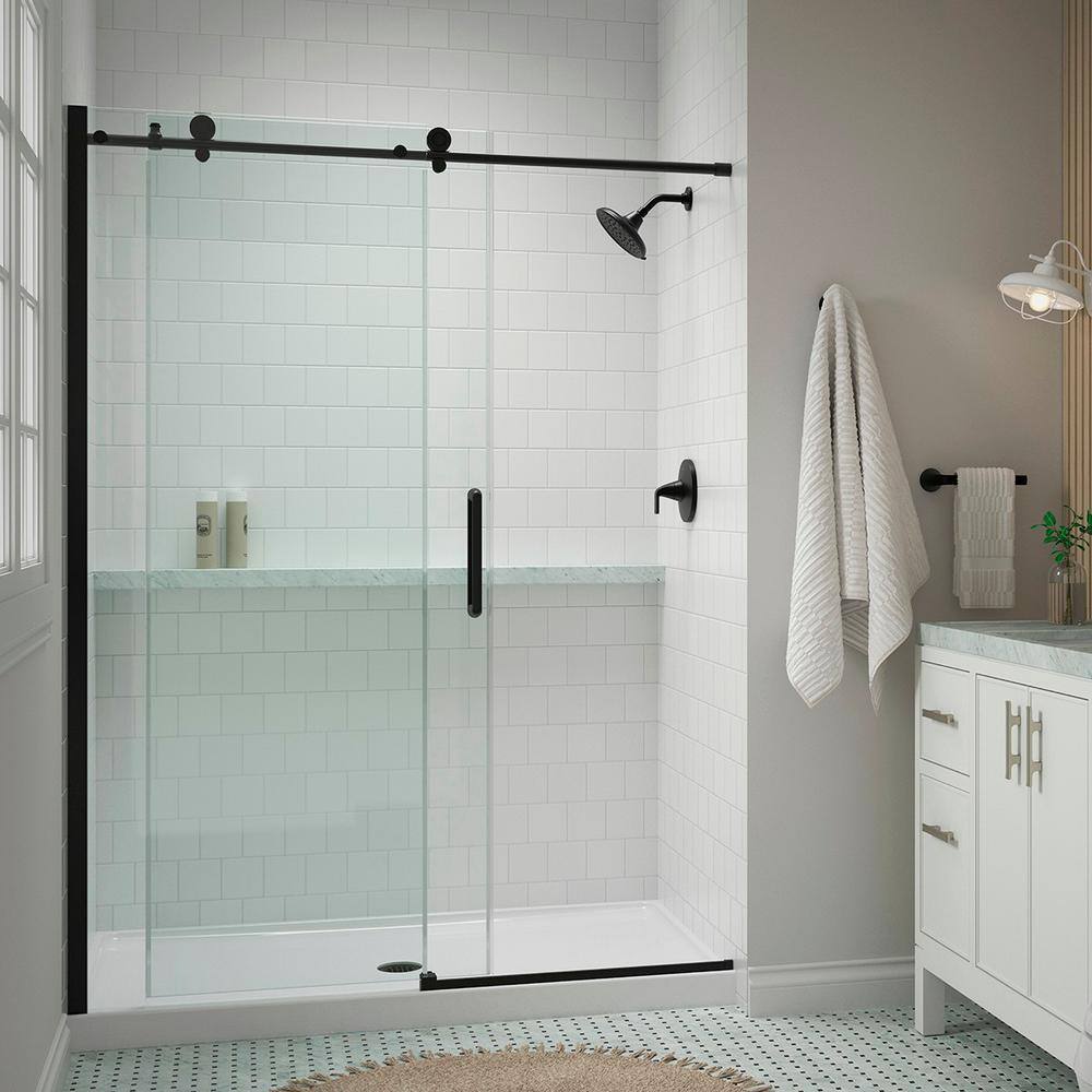 KOHLER Cursiva 59.875 in. W x 78 in. H Sliding Frameless Shower Door in Matte Black K-707624-8L-BL