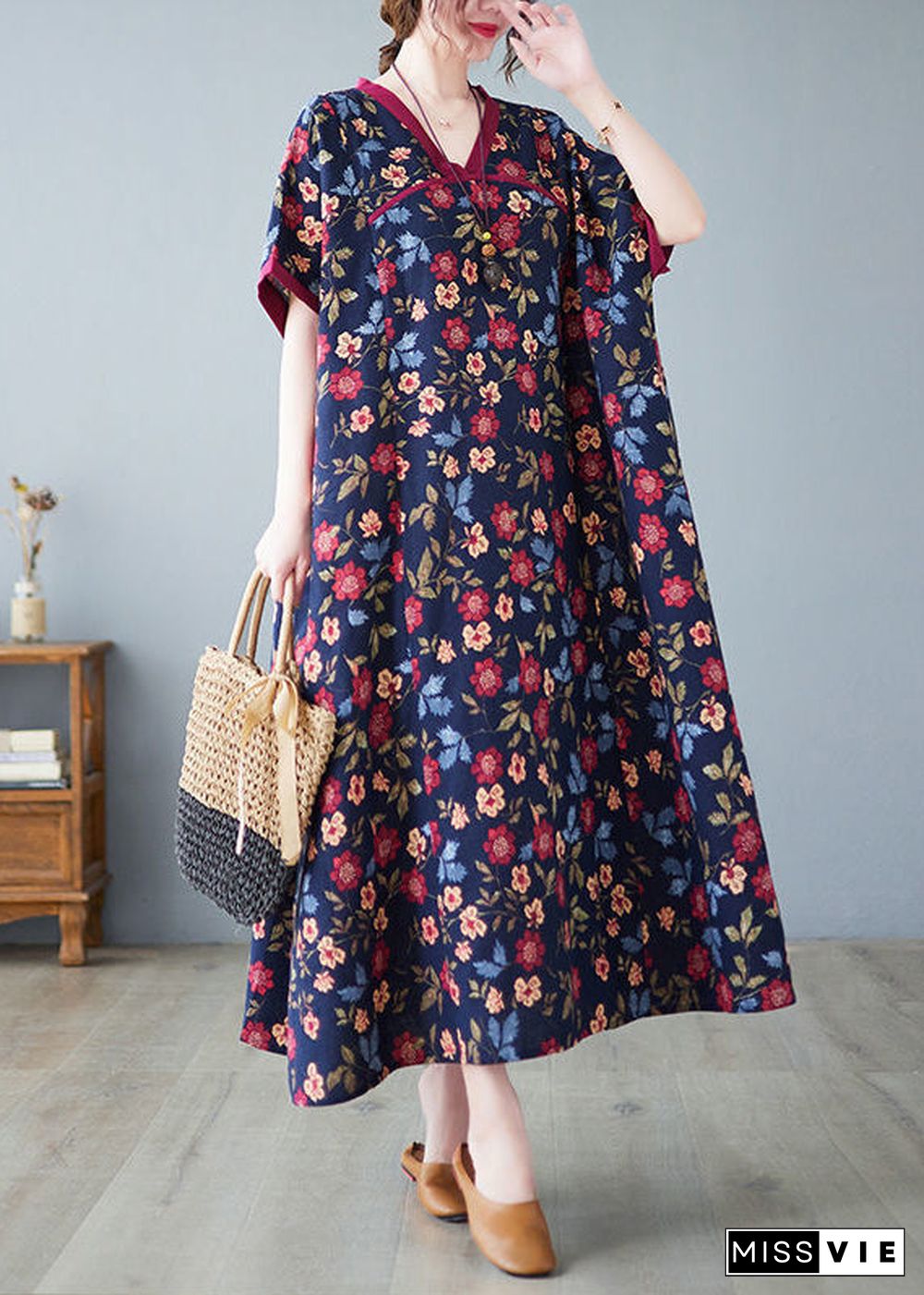 Classy Mulberry V Neck Print Cotton Long Dresses Summer