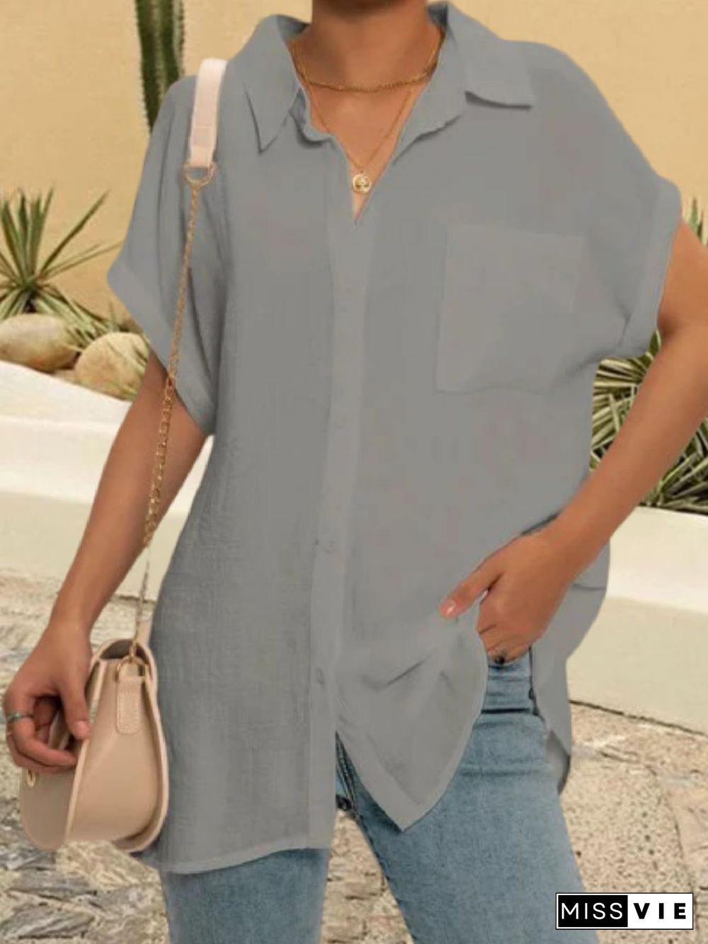 Women Plus Size Solid Color V Neck Short Sleeve Casual Blouse