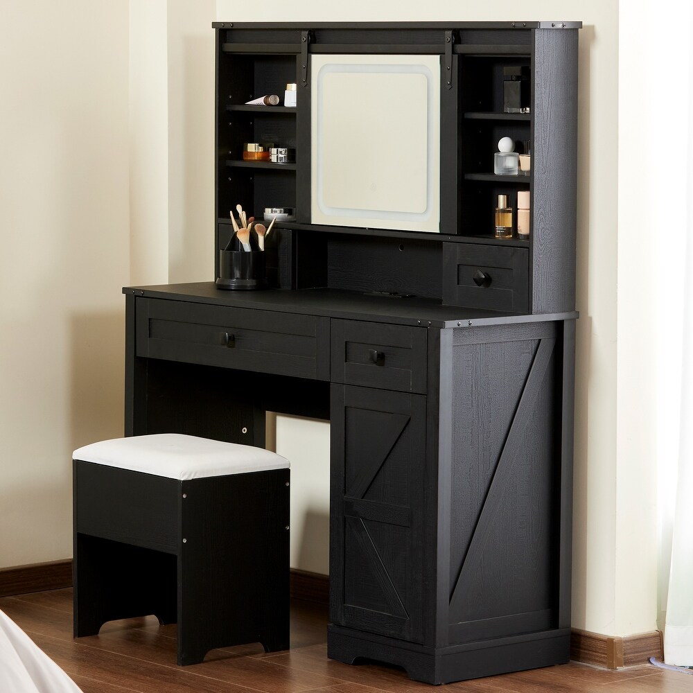 Farmhouse 42'' Makeup Vanity Desk with lighted Sliding Mirror Glass Tabletop 2 Drawers   Shelves  Stool Included.