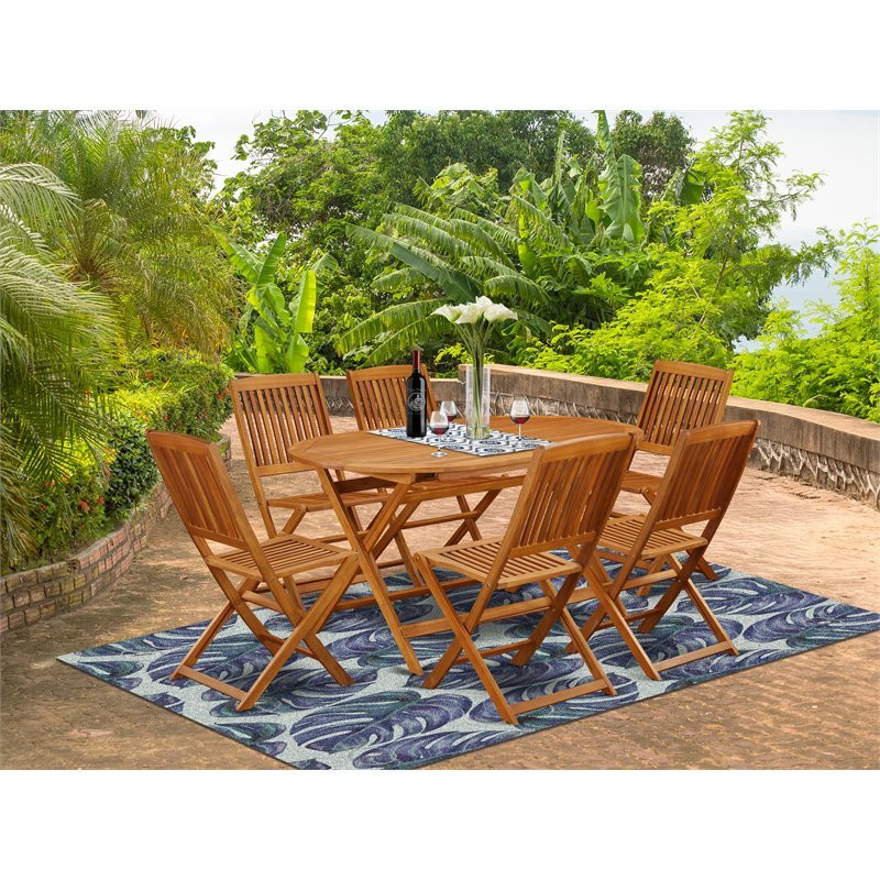 East West Furniture Diboll 7 piece Wood Patio Set in Natural Oil   Transitional   Outdoor Dining Sets   by Homesquare  Houzz