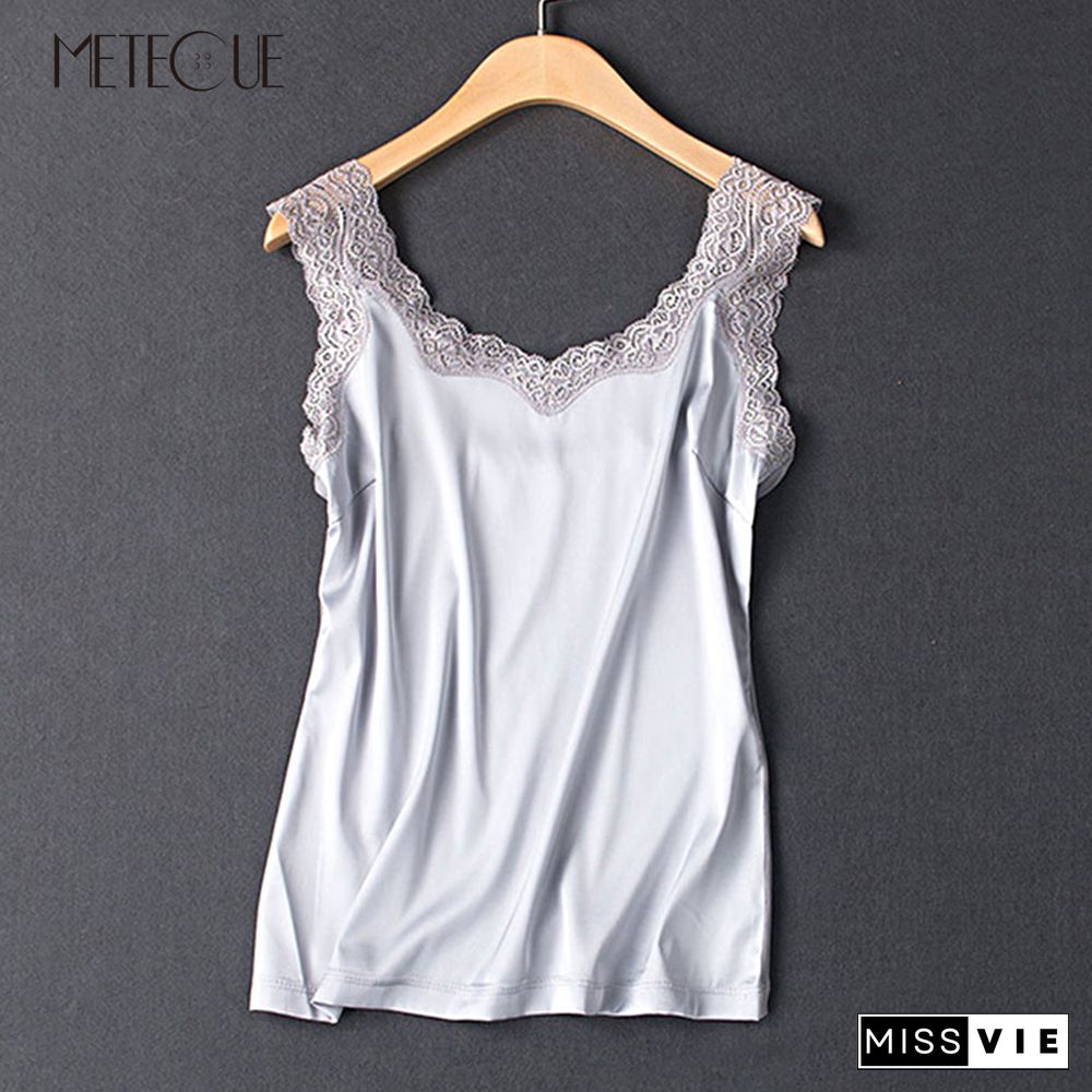 Sexy Backless Lace Stitching Women Satin Camisole Casual Imitation Silk Bottoming Woman Camis Multi Color Inner Tops Summer