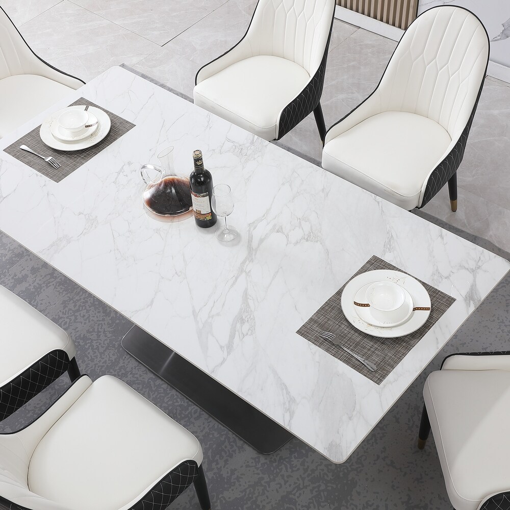 71inch Contemporary Dining Table Sintered Stone V shape Pedestal Base in Gold finish with 6 pcs Chairs .