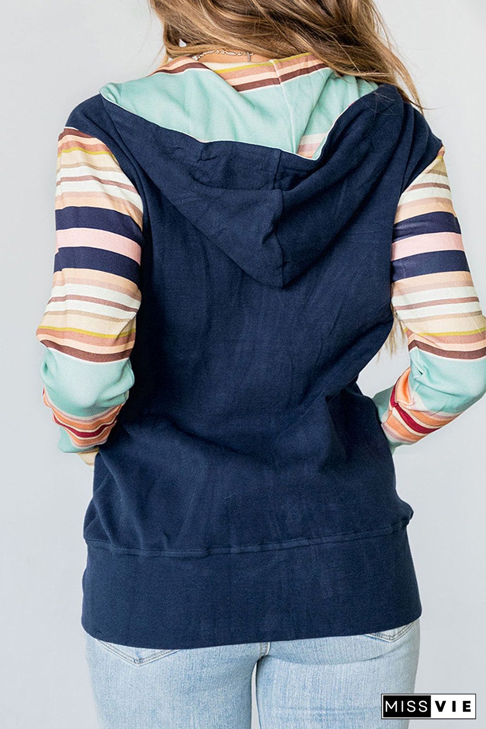 Blue Striped Color Block Thumbhole Sleeve Full Zip Hoodie