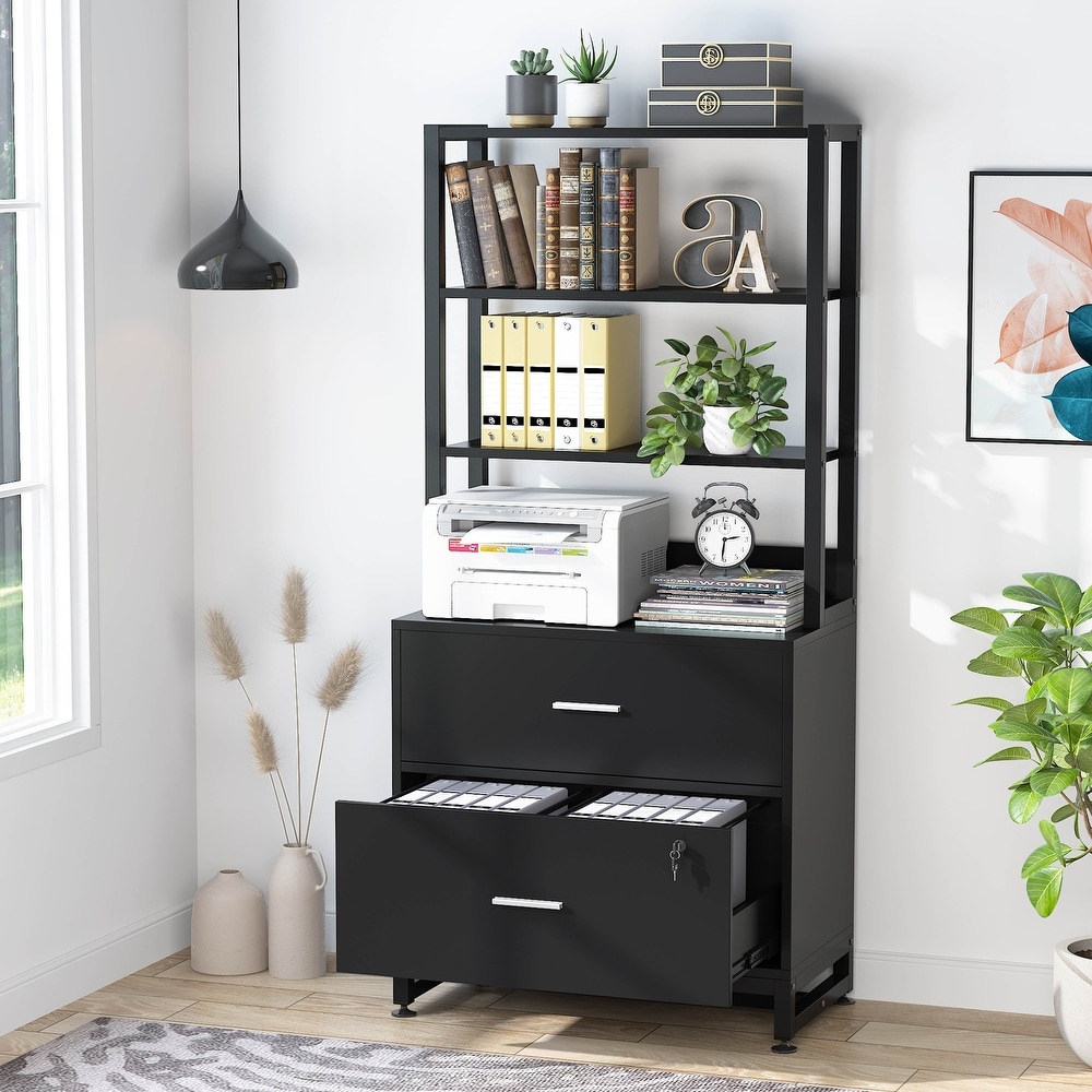 Bookshelf Bookcase with Open Storage Shelves 2 Drawer