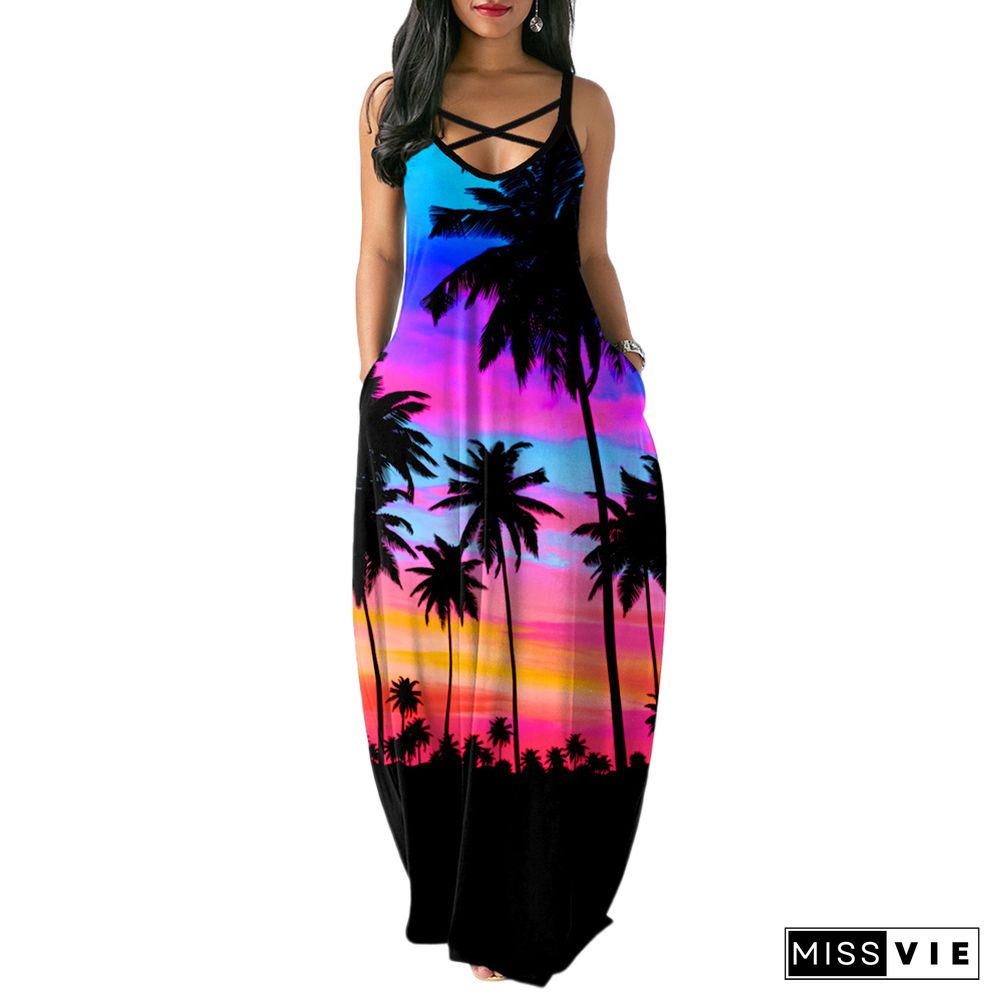 Women Summer Sexy Floral Print Pockets Spaghetti Strap V-Neck Loose Club Party Long Maxi Dresses