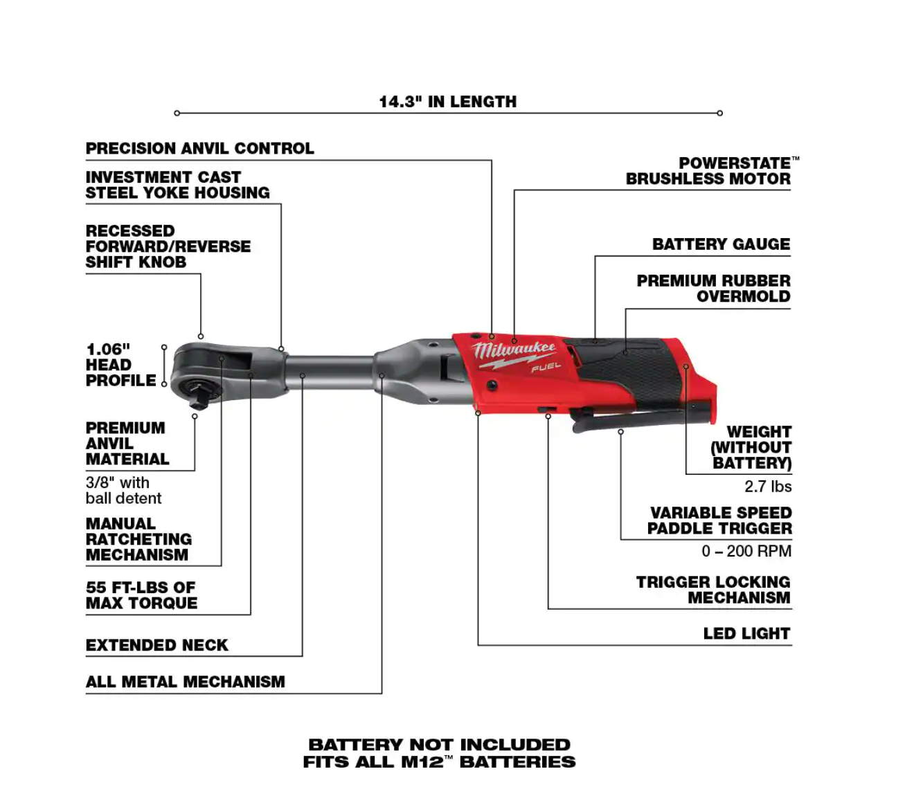 Milwaukee 2554-20-2560-20 M12 FUEL 12V Lithium-Ion Brushless Cordless Stubby 3/8 in. Impact Wrench with 3/8 in. Extended Reach Ratchet