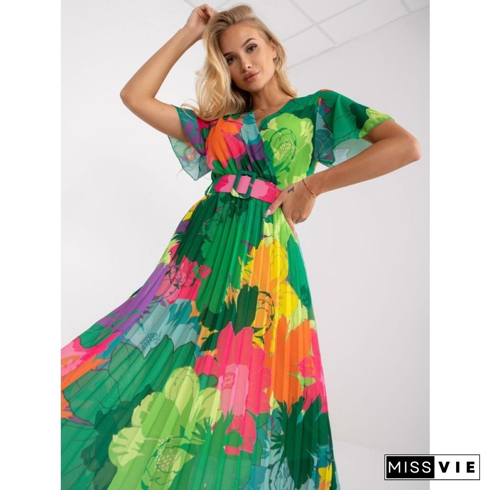 Fashion V-Neck High Waist Pleated Dress Women High Waist Print Midi Dress Women's Belted Casual Vacation Beach Dress