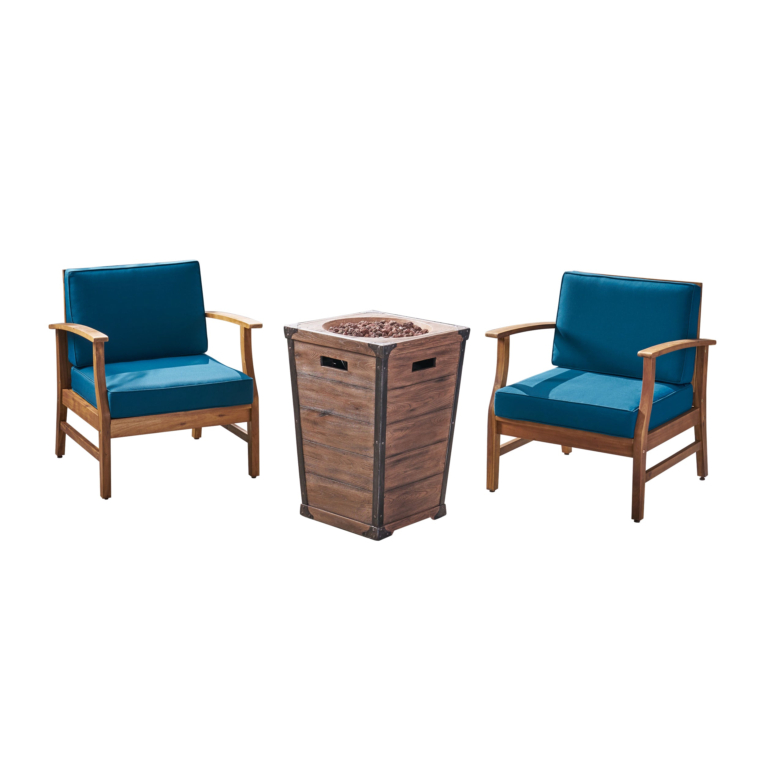 Capri Outdoor 2 Piece Acacia Wood Club Chair Set with Cushions and Fire Column