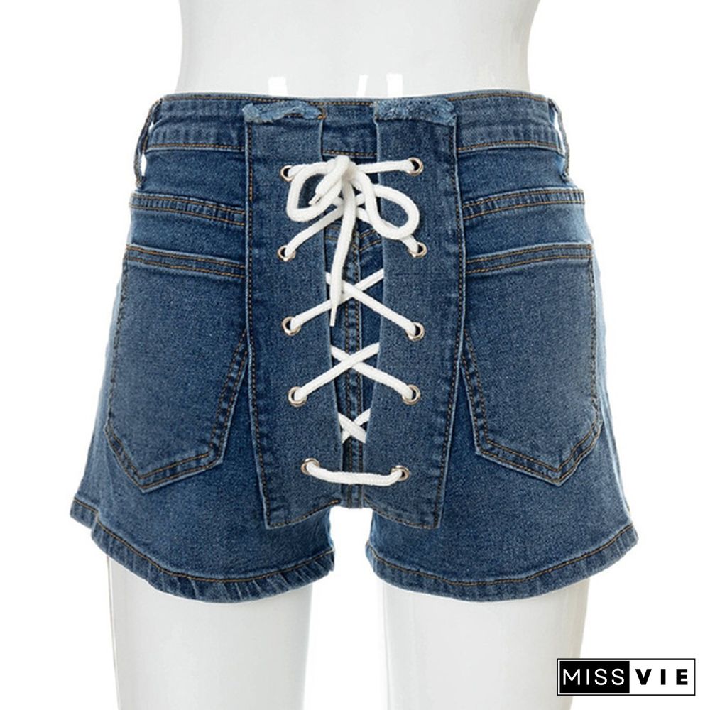 Women Summer Stretch Denim Jeans Shorts Back Bandage Skinny Bodycon Short Pants