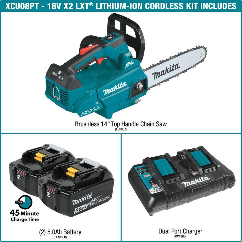 Makita LXT 14 in. 18V X2 (36V) Brushless Top Handle Electric Battery Chainsaw Kit (5.0Ah) with bonus 18V LXT 5.0 Ah (2-Pk) XCU08PT-BL18502