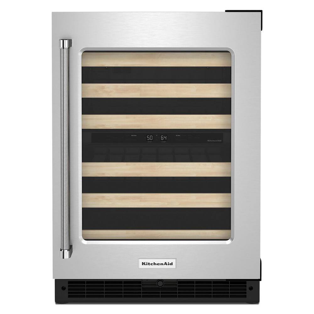 KitchenAid 24 in. Dual Zone 46- Bottle Built-In Undercounter Wine Cooler in Black Cabinet with Stainless Door KUWR214KSB