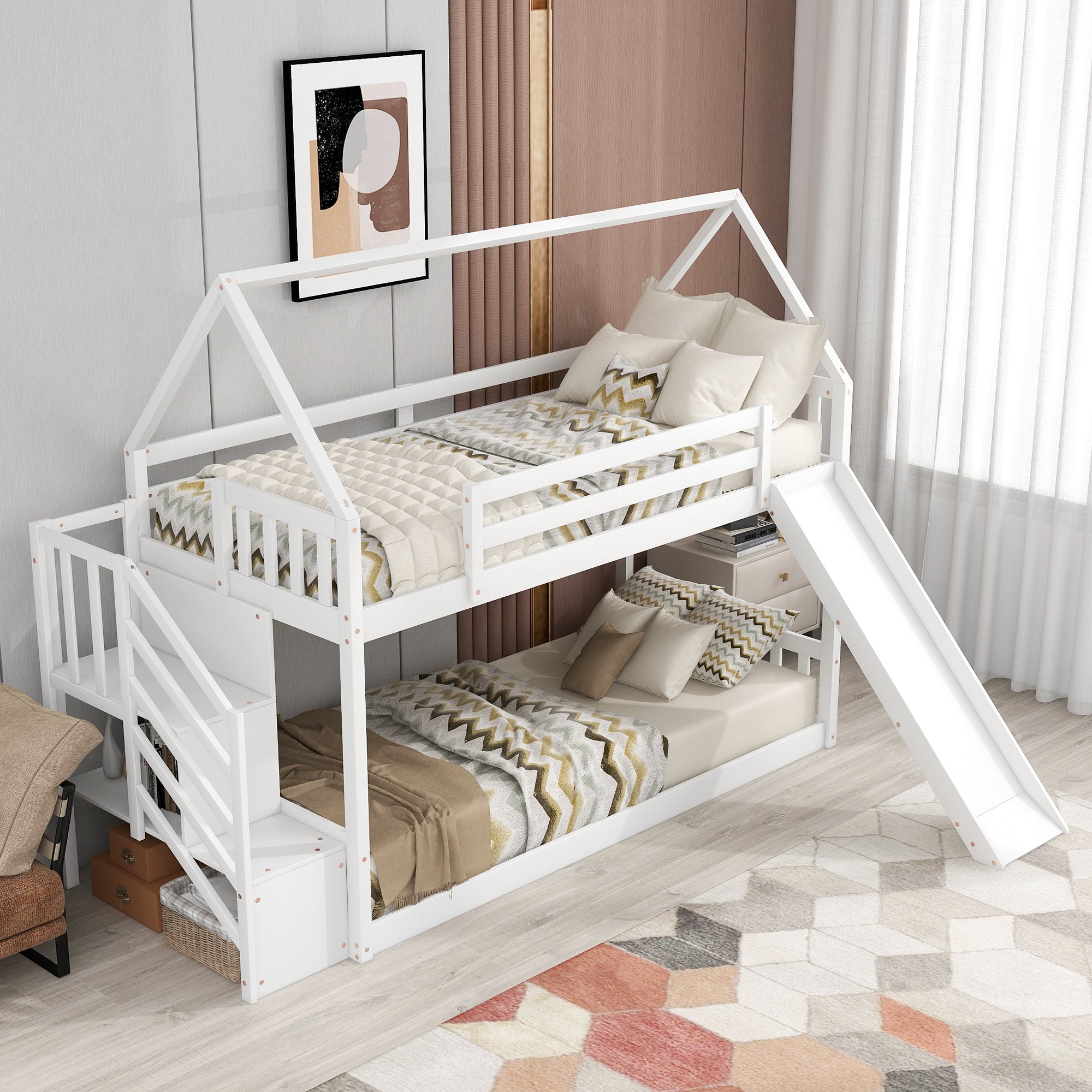 EUROCO Twin over Twin House Bunk Bed with Staircase for Kids Bedroom, White