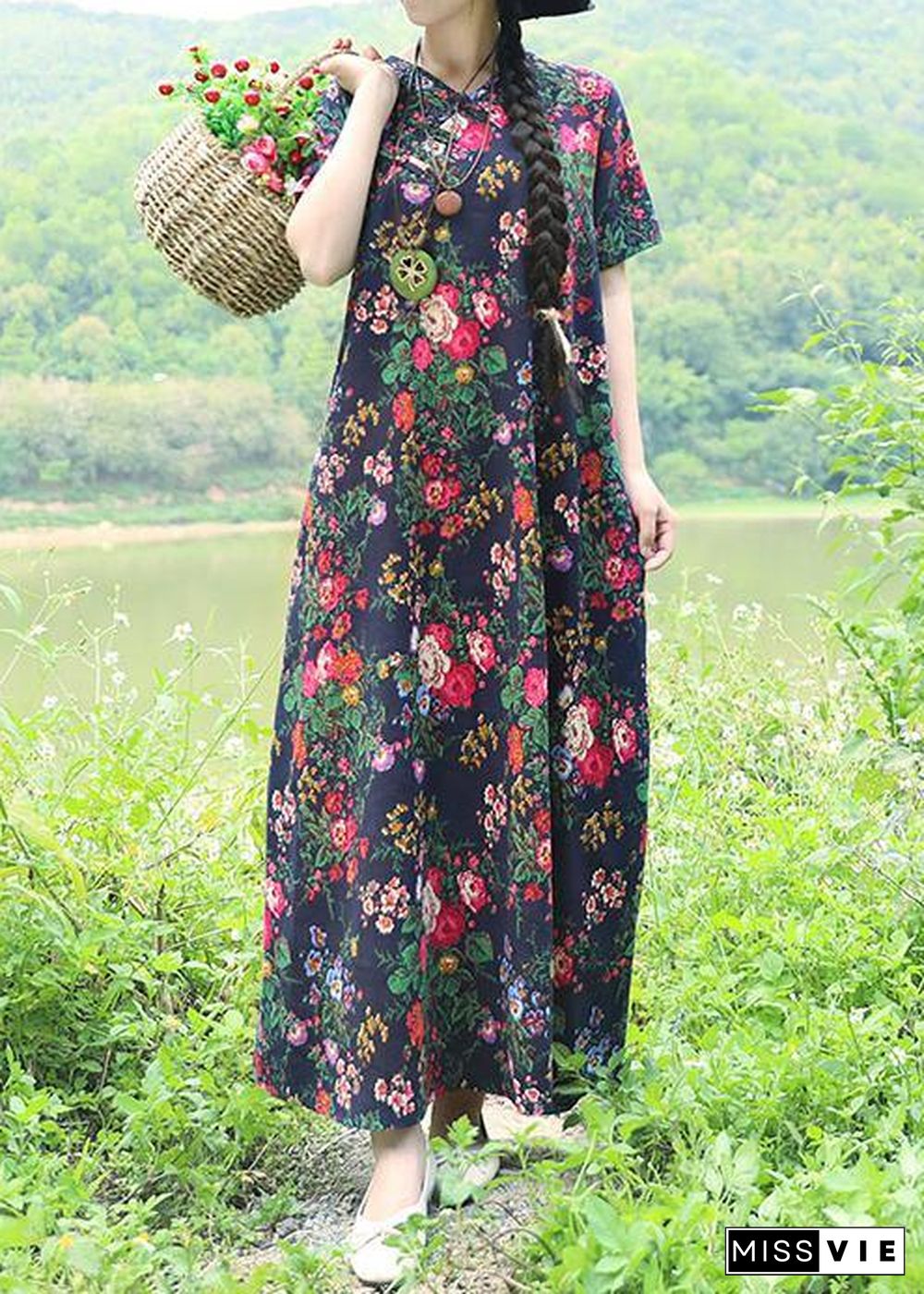 Natural blue prints linen dresses Chinese Button Robe summer Dress