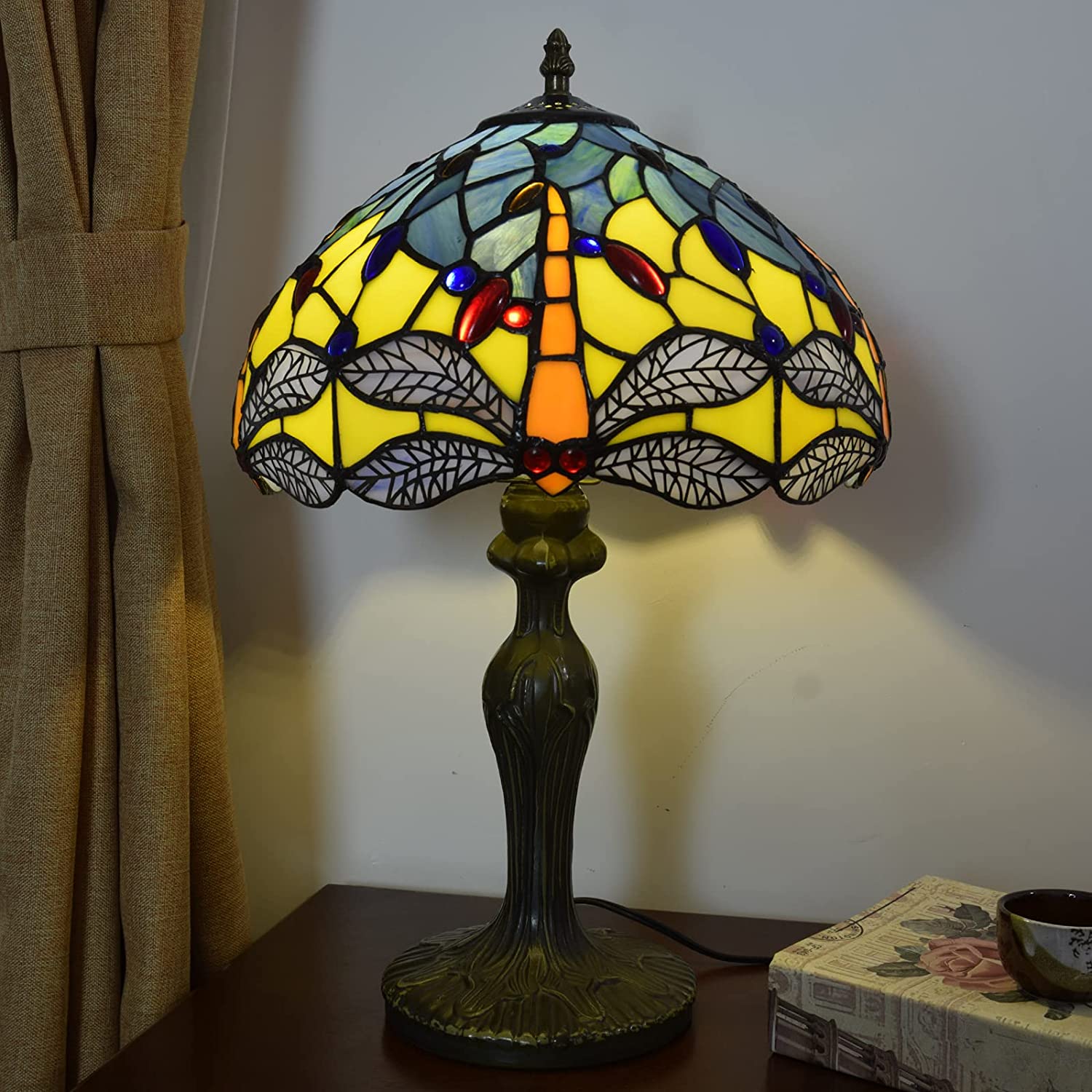 SHADY Tiffany Lamp Stained Glass Lamp Yellow Blue Dragonfly Bedroom Table Lamp Reading Desk Light for Bedside Living Room Office Dormitory Dining Room Decorate  12x12x18 Include Light Bul