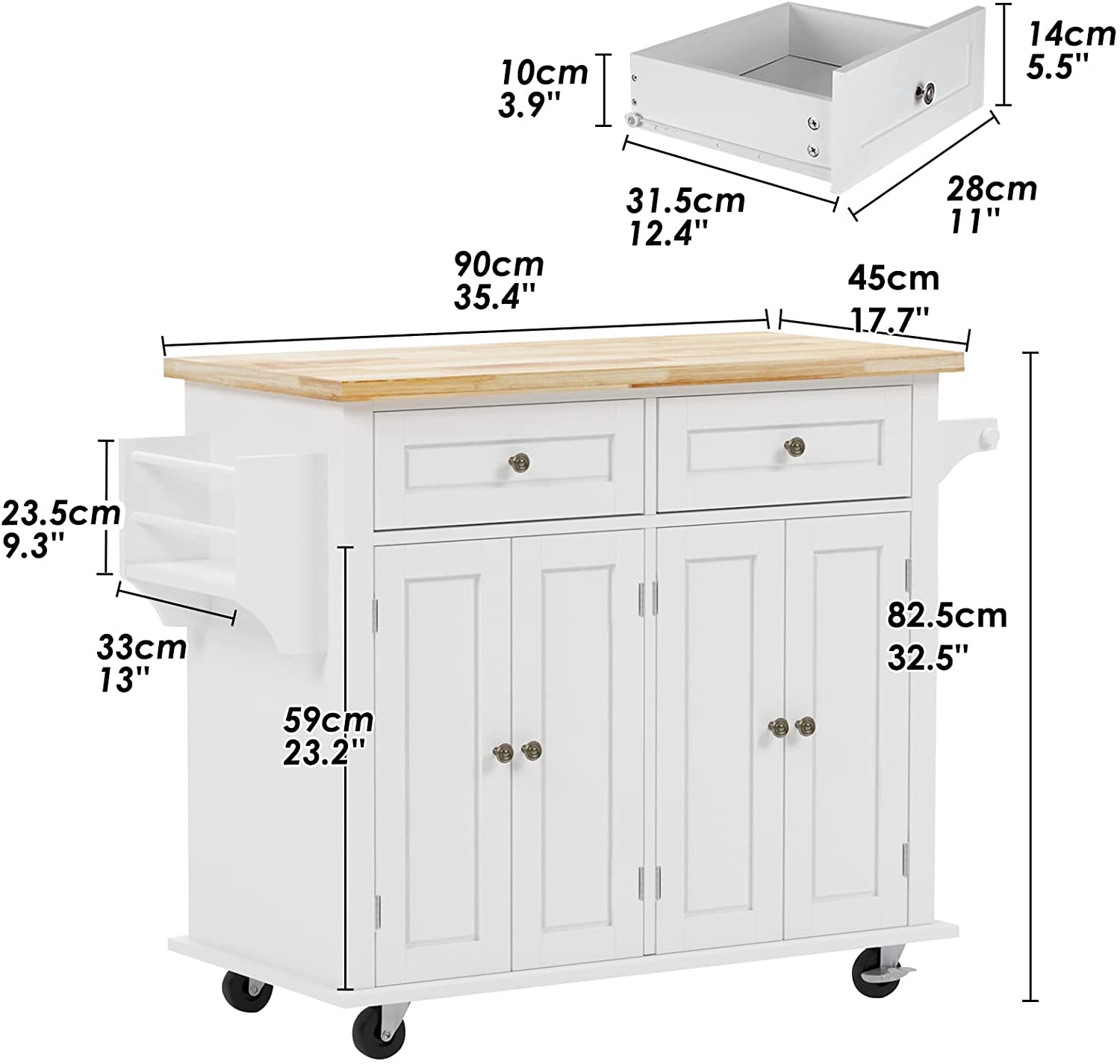 Soges Kitchen Island Trolley Cart Brown Wood Top Rolling Storage Cabinet White