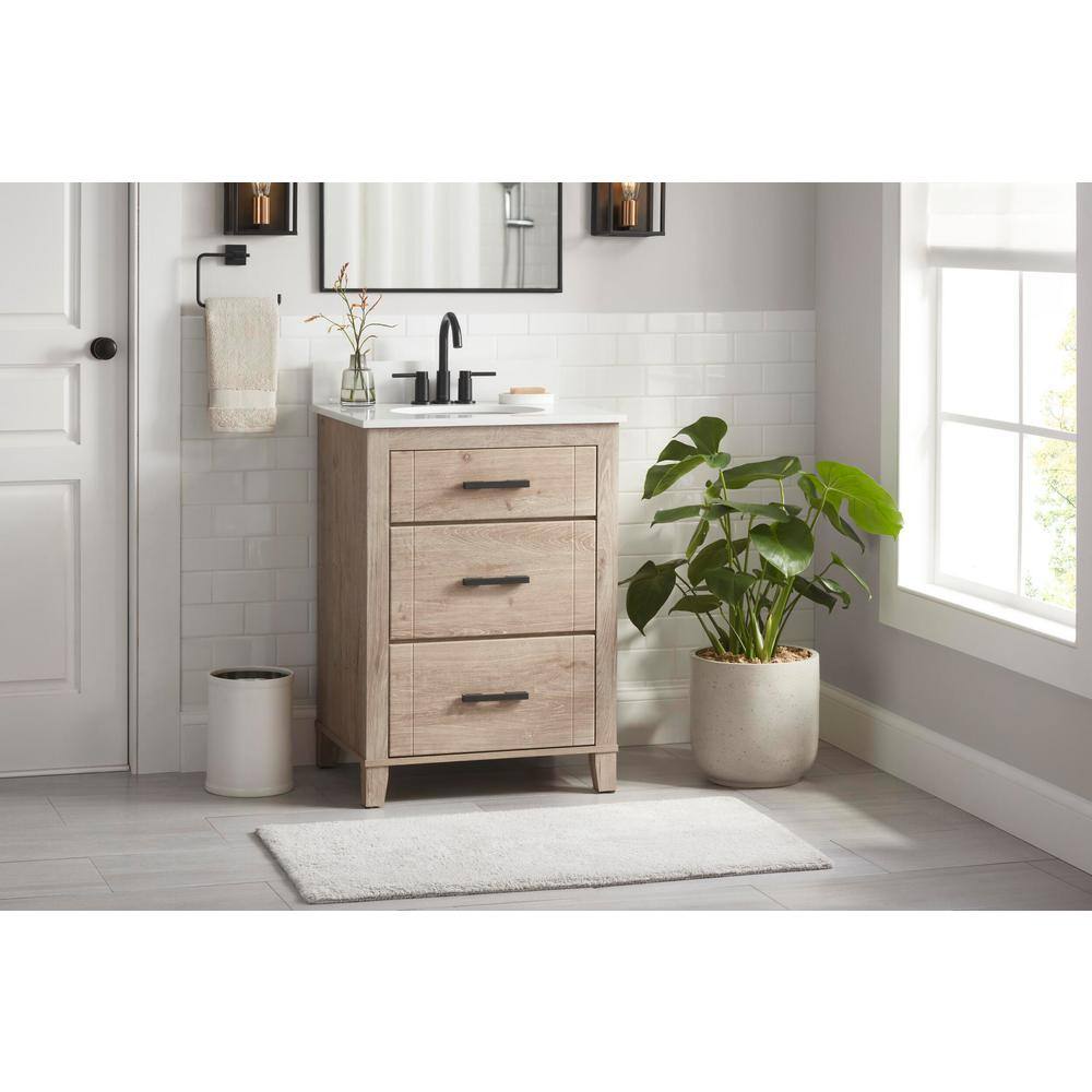 Glacier Bay Farmdale 24 in. W x 20 in. D x 37.9 in. H Bath Vanity in Natural Oak with White Stone Top 24BV35083ZPO117