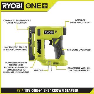 RYOBI ONE+ 18V 18-Gauge Cordless AirStrike Brad Nailer with Cordless Compression Drive 38 in. Crown Stapler (Tools Only) P321-P317