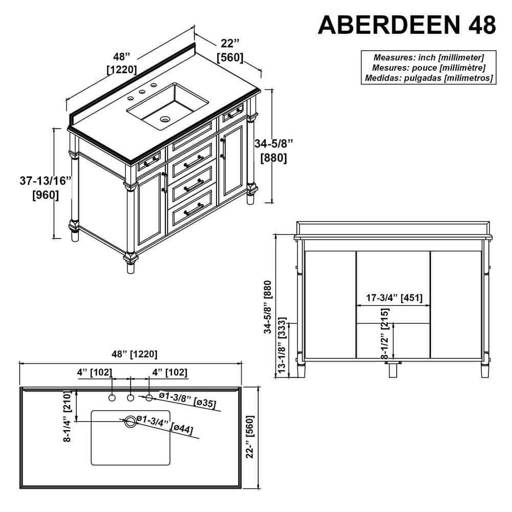 Home Decorators Collection Aberdeen 48 in W x 22 in D x 345 in H Bath Vanity in Black with White Carrara Marble Top