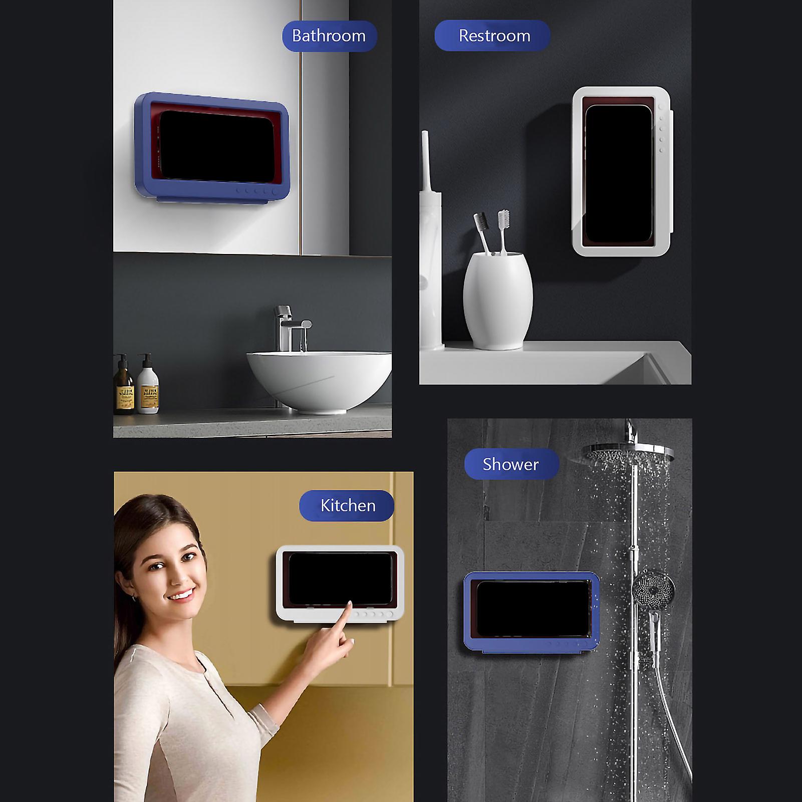 Blue Waterproof Wall-mounted Cell Phone Holder Case With Touch Screen Self Adhesive Anti-fog Touch Phone Holder For Shower Compatible With Most Phone