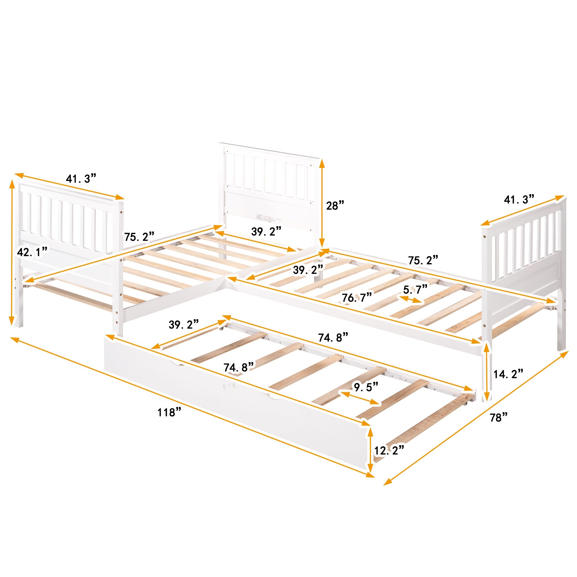 Wood Twin Size L-Shaped Platform Bed with Trundle for Kids Bedroom, White