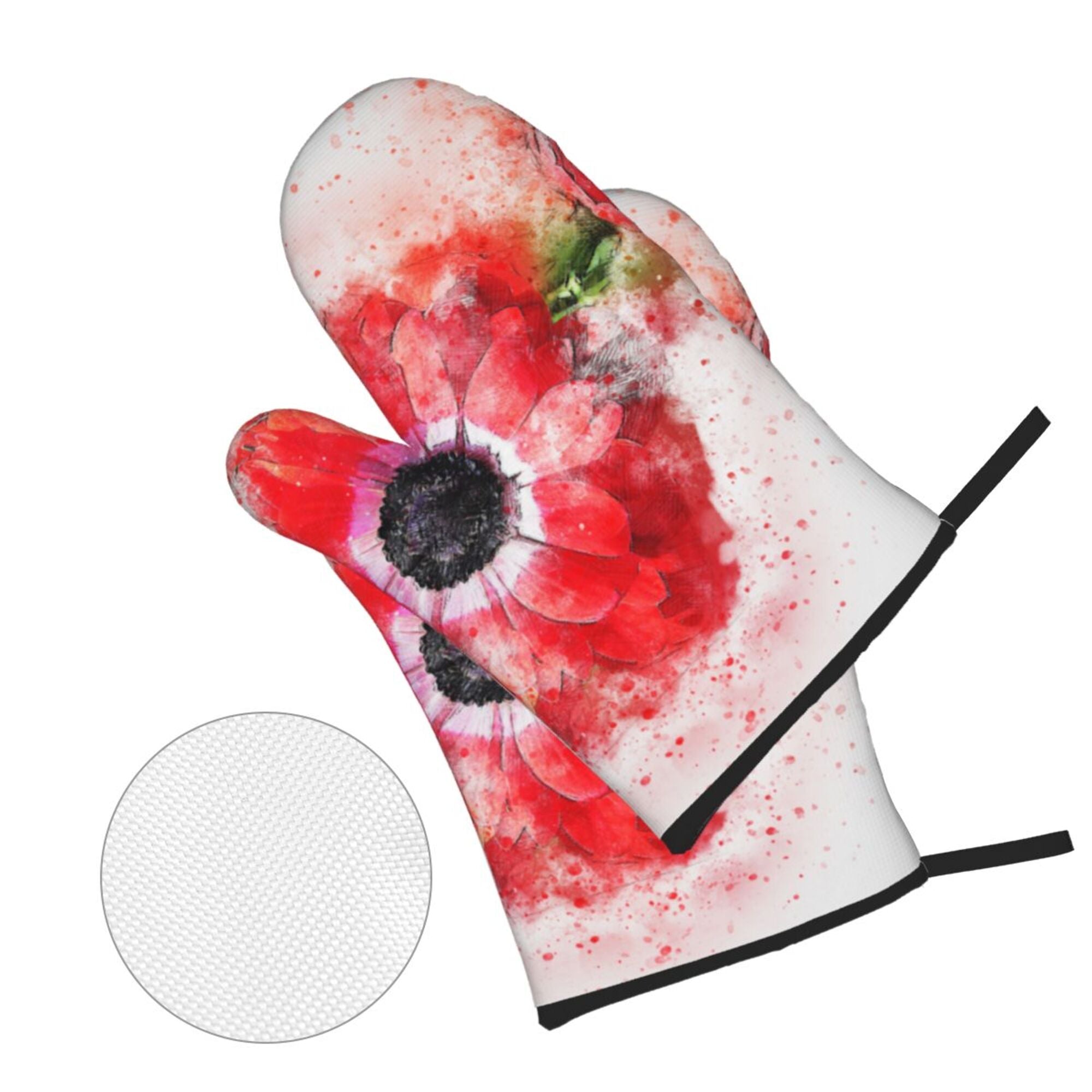 YFYANG Oven Mitts and Pot Holders Sets 4 Pieces， Non-Slip Heat Resistant Watercolor Red Flower Art Kitchen Glove Pot Mat for Cooking and Baking