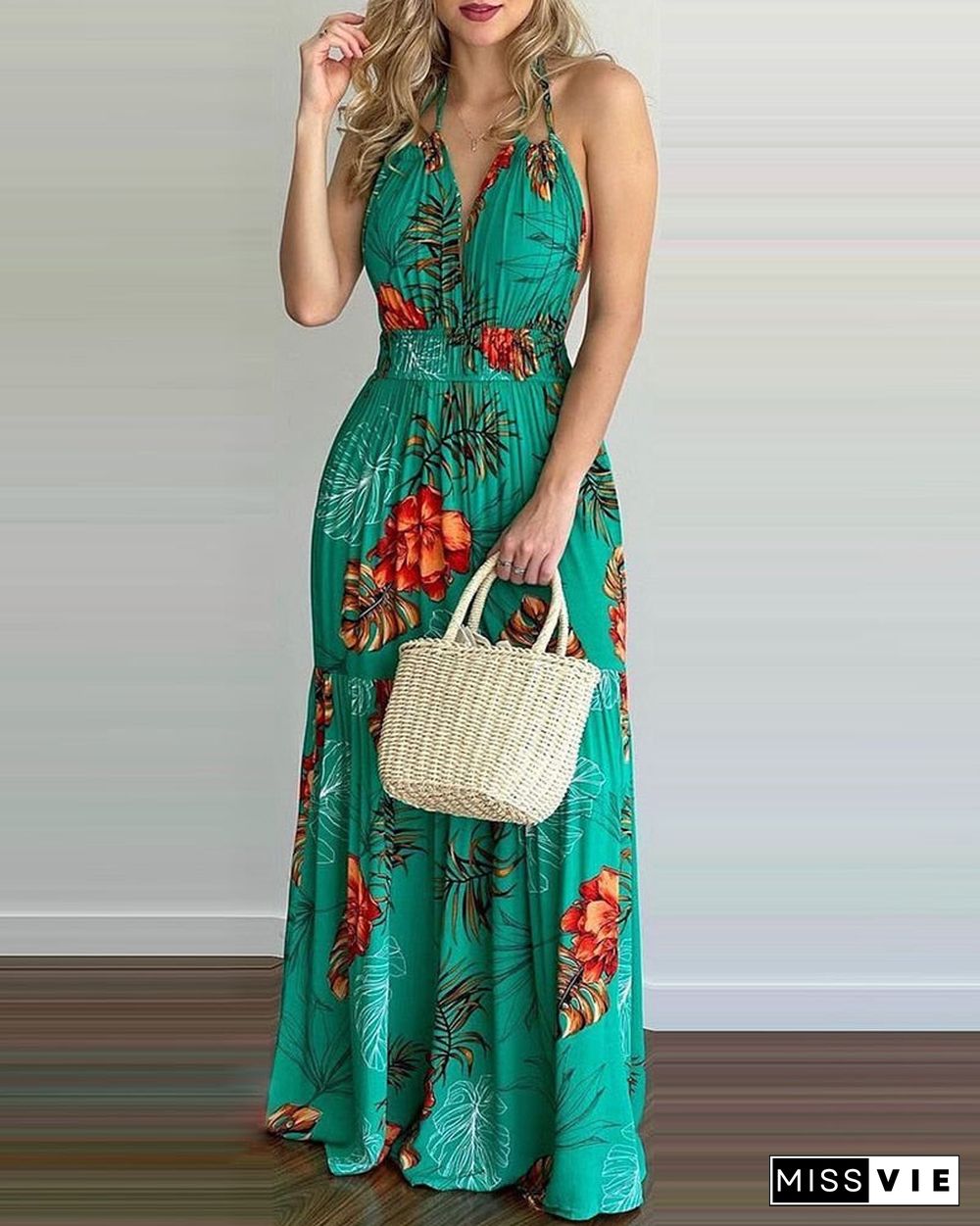 Women Summer Spring Tropical Print Halter Backless Maxi Dress Vacation Sleeveless Sexy Boho Beach Dress Casual Floral