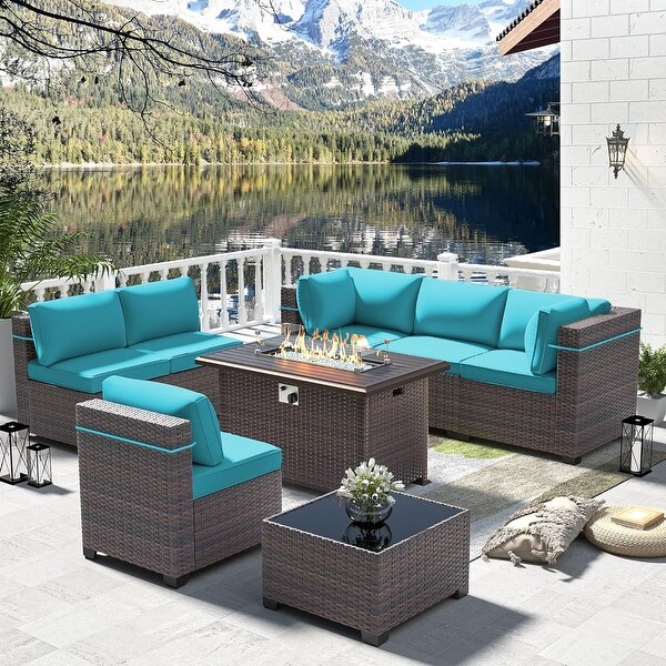 Outdoor Sectional Conversation Sofa Set with Firepit Coffee Table Cushions