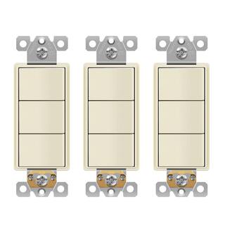 ENERLITES 15 Amp 120V-277V Triple Paddle Rocker Decorator Light Switch Single Pole Residential Grade in Light Almond (3-Pack) 62755-LA-3PCS