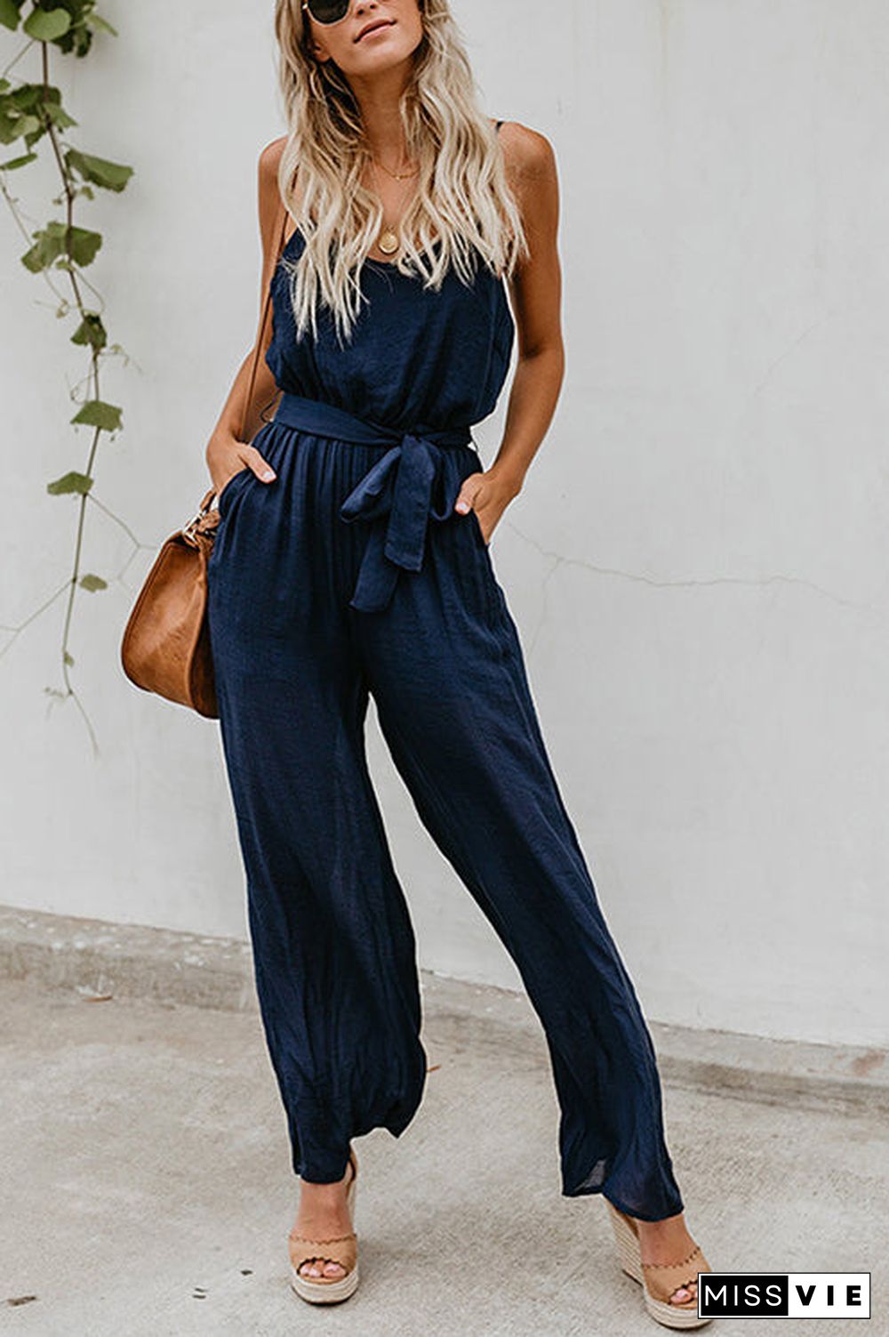 Flowy V Neck Belted Slip Jumpsuits