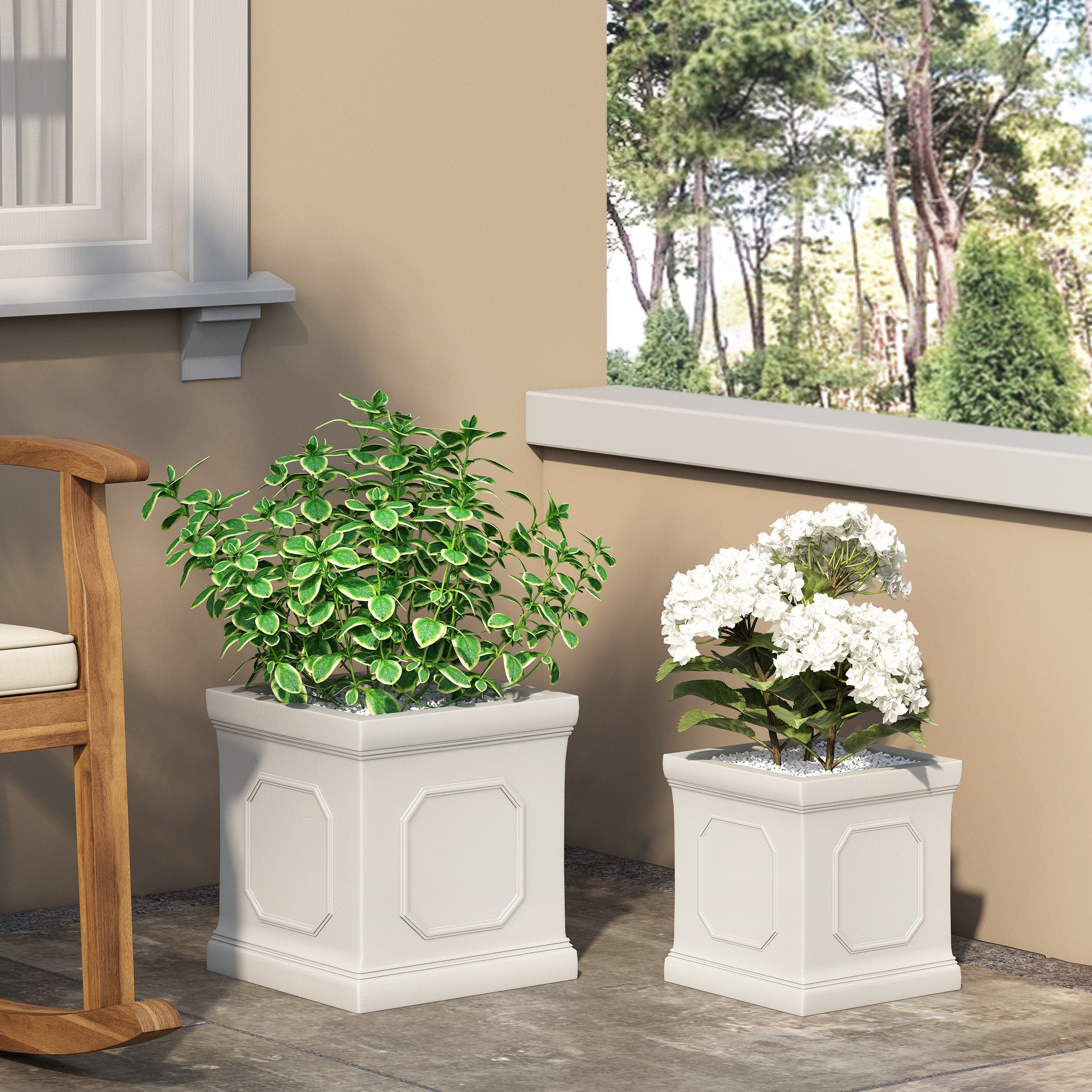 Greg Outdoor Small and Medium Cast Stone Planter Set, Antique White