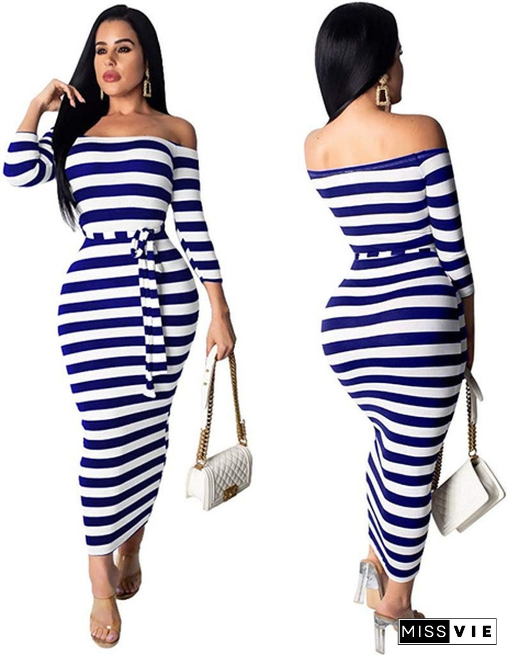 New Women's Fashion Off Shoulder Long Sleeve Midi Skirt Slim Stripe Party Dress Bodycon Dress