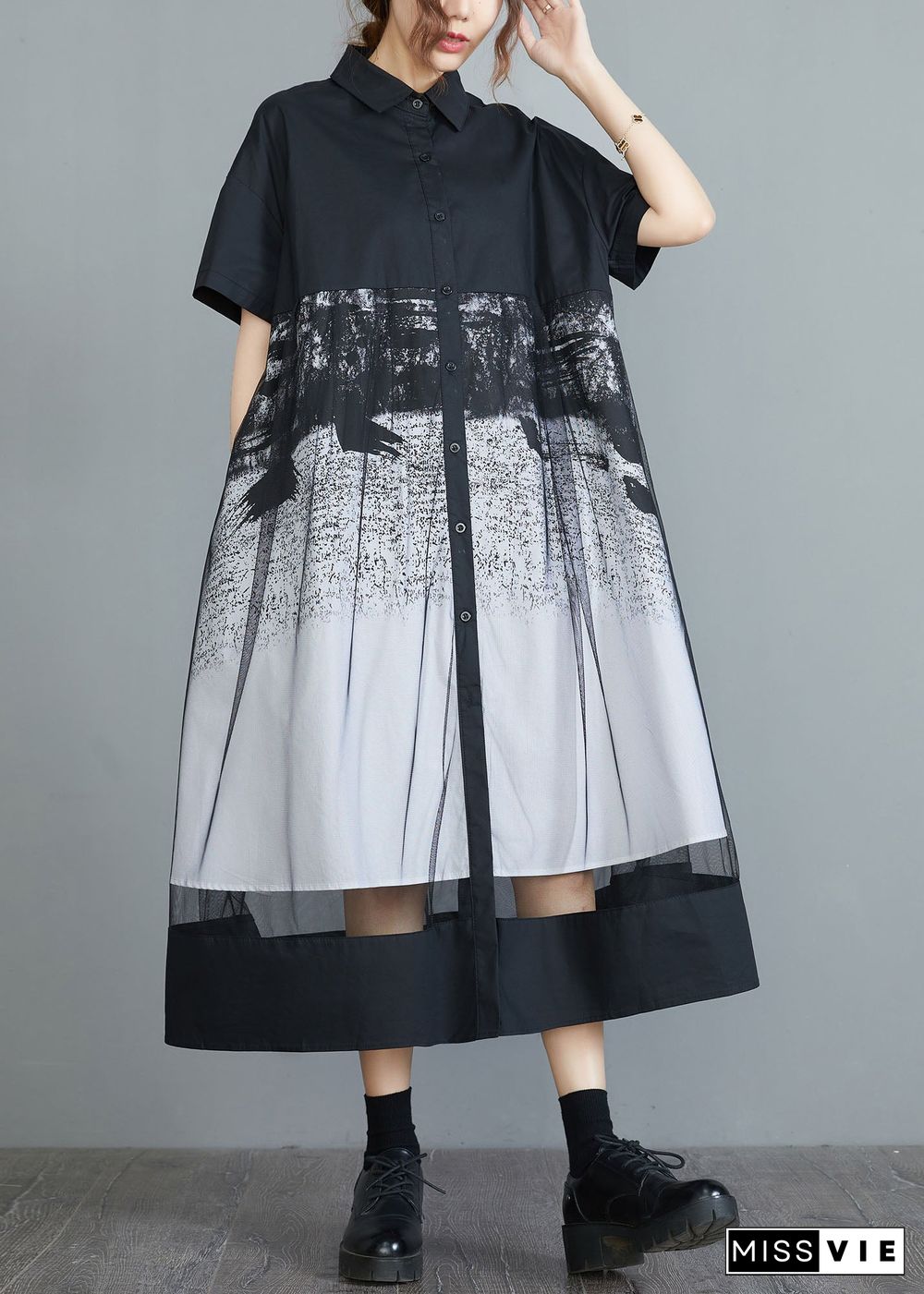 Style Black Peter Pan Collar Tulle Patchwork Cotton Maxi Dresses Short Sleeve