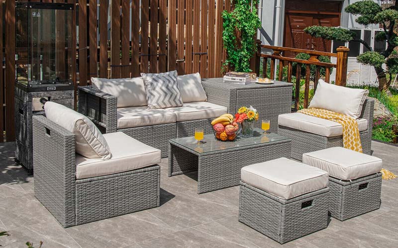 8 Pcs Rattan Patio Sectional Furniture Set Wicker Outdoor Cushioned Sofa Set with Storage Box & Waterproof Cover