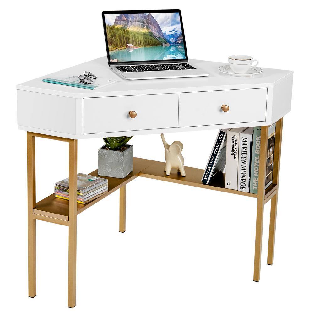 Costway 39.5 in. Gold 2-Drawers Corner Computer Desk Writing Workstation Study Desk HW67561GD