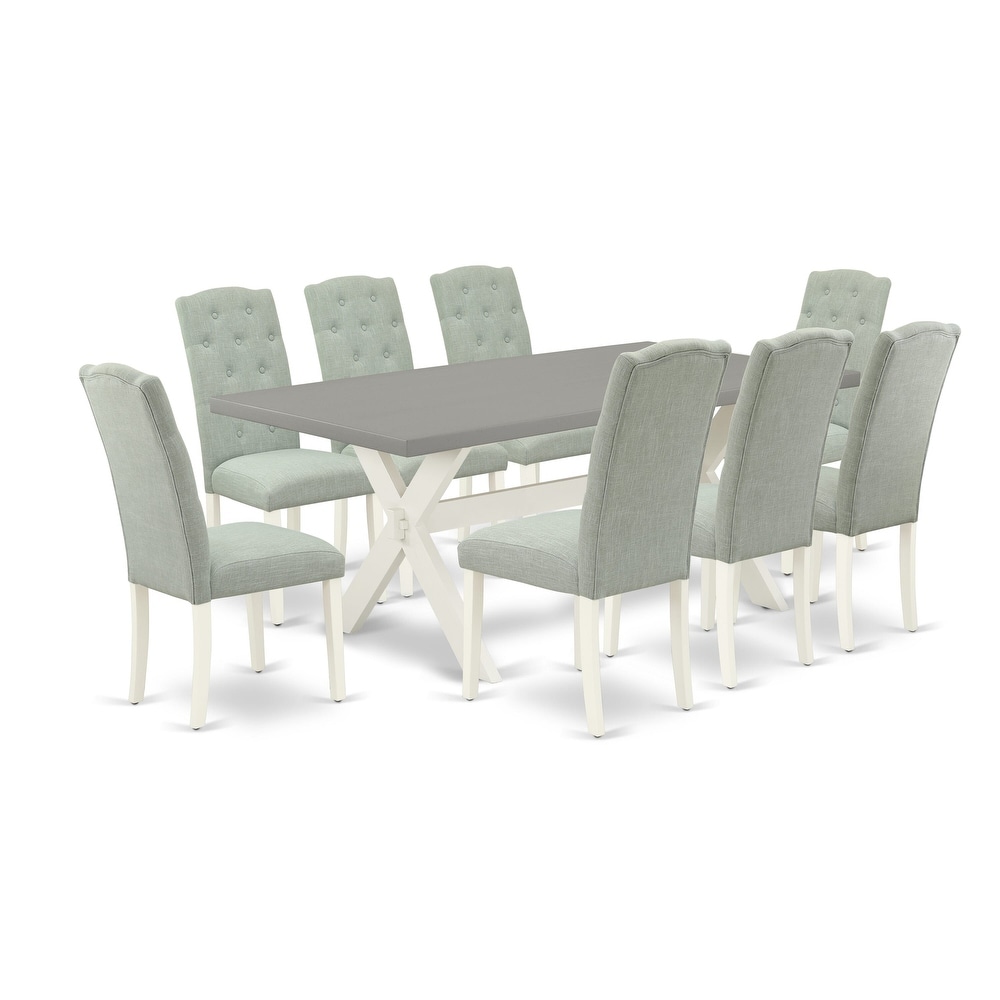 East West Furniture Dining Table Set  a Dining Table and Baby Blue Linen Fabric Upholstered Chairs  Linen White(Pieces Options)