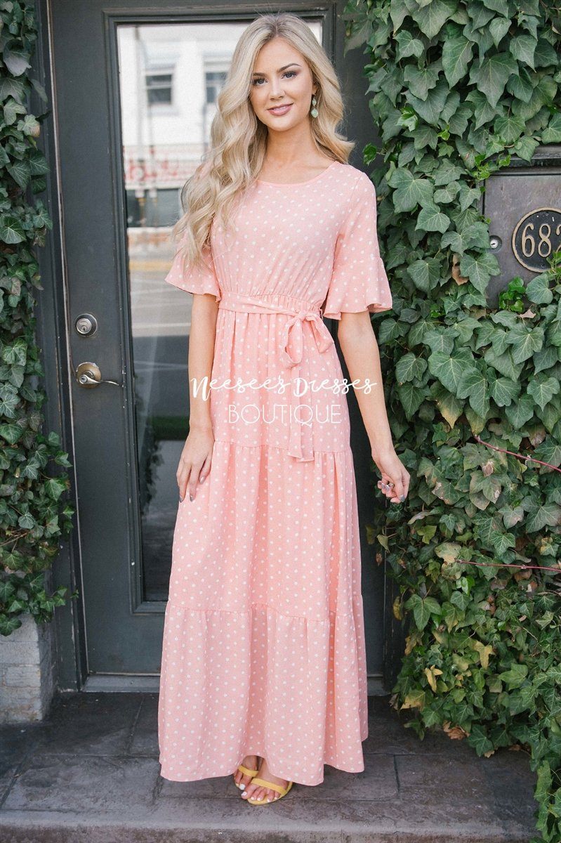 Polka Dot Flutter Sleeve Tiered Maxi Dress