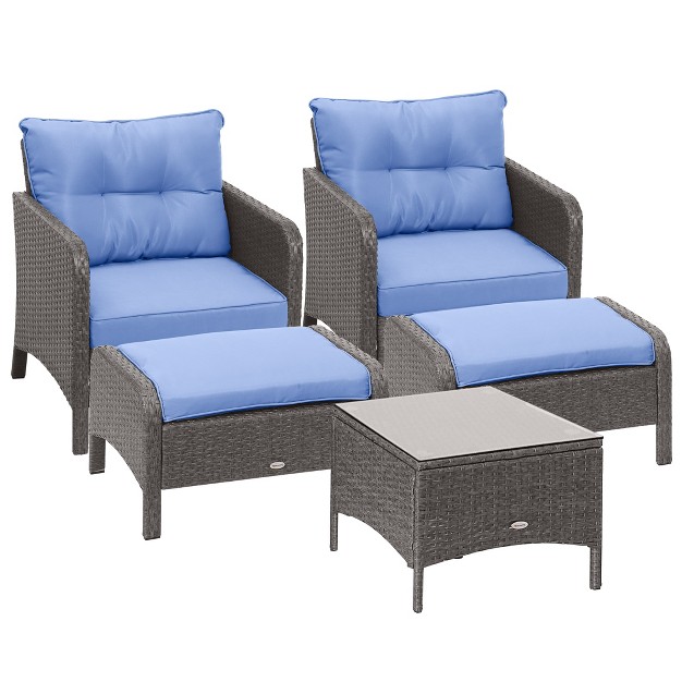 Outsunny 5 Piece Rattan Wicker Lounge Chair Outdoor Patio Conversation Set With 2 Cushioned Chairs 2 Ottomans amp Top Coffee Table Blue