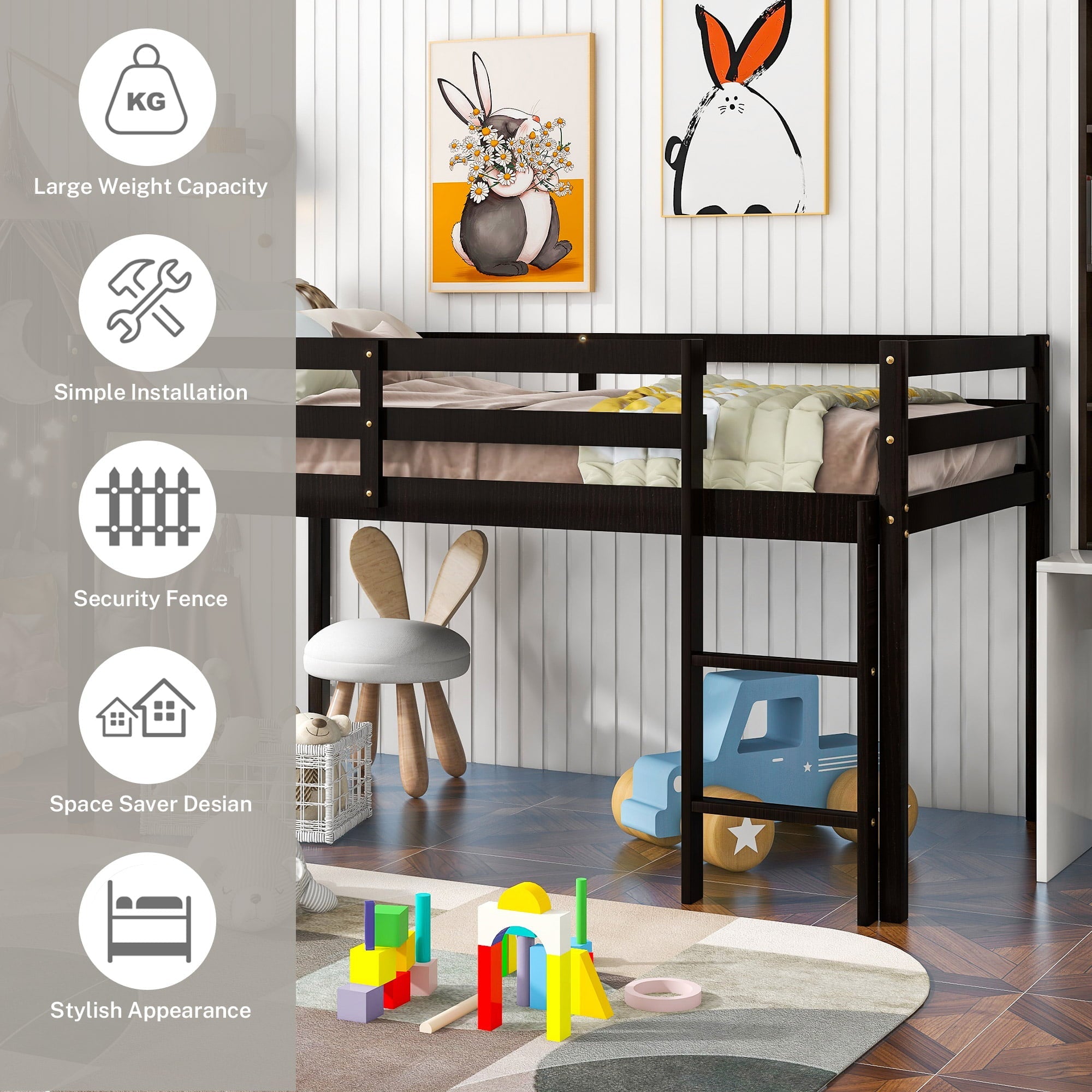 Low Twin Wood Loft Bed with Full-length Safety Rail and Ladder, Modern Loft Bed Frame for Kids Teens Adult, Space Saving Bedroom Loft Bed, No Box Spring Needed, Espresso, J2299