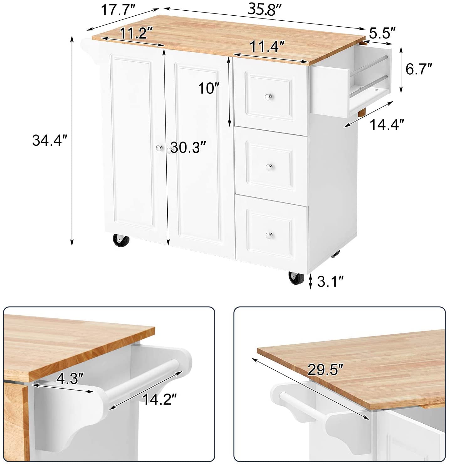 Rolling Kitchen Island Cart with Storage,Wood Tabletop Kitchen Cart w/ 2 Wheels