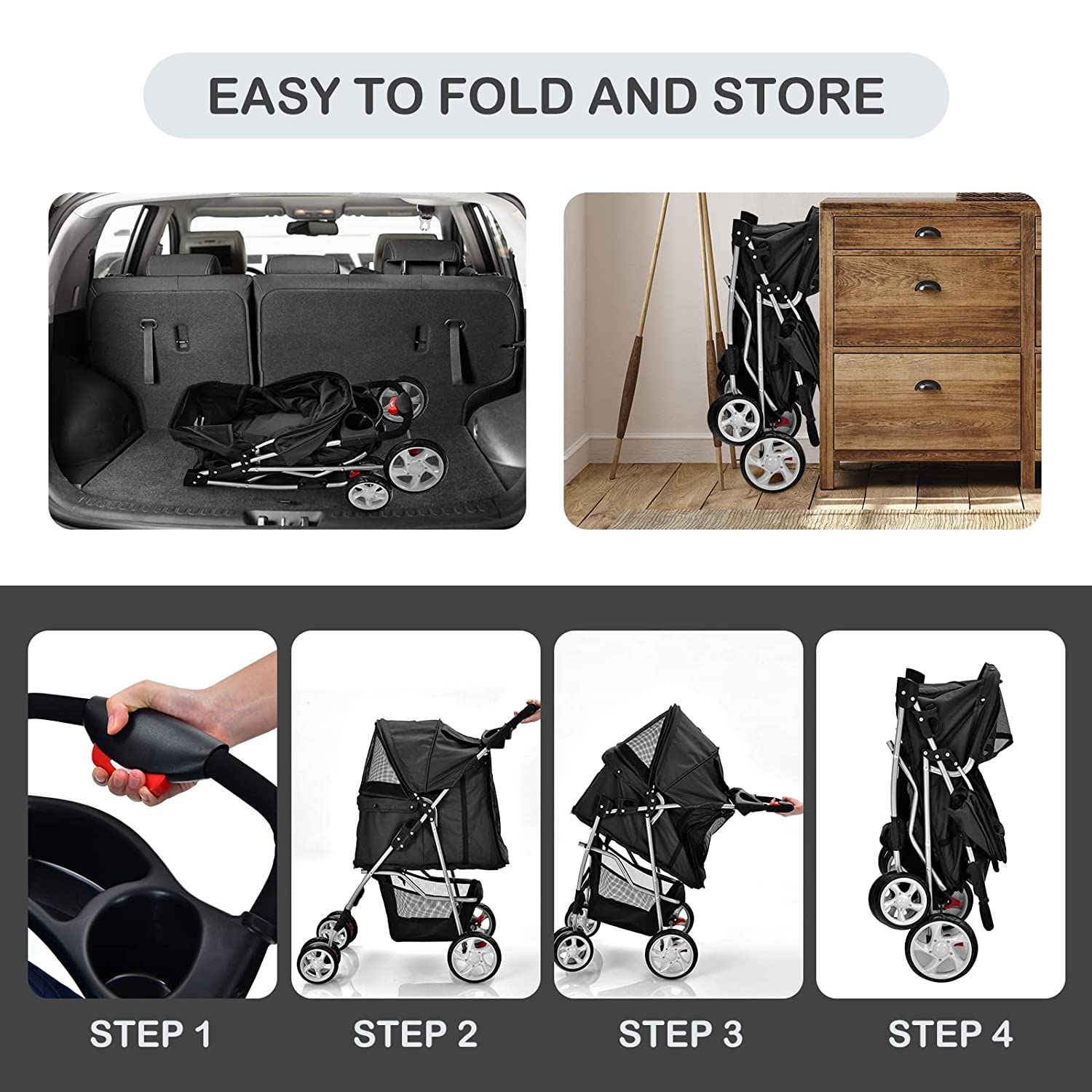 Folding Dog Stroller， Pet Stroller for Small Medium Dogs Cats Puppy， 4 Lockable Wheels Cat Stroller Travel Carrier Strolling Cart with Safety Belt， Removable Liner and Storage Basket (Black)